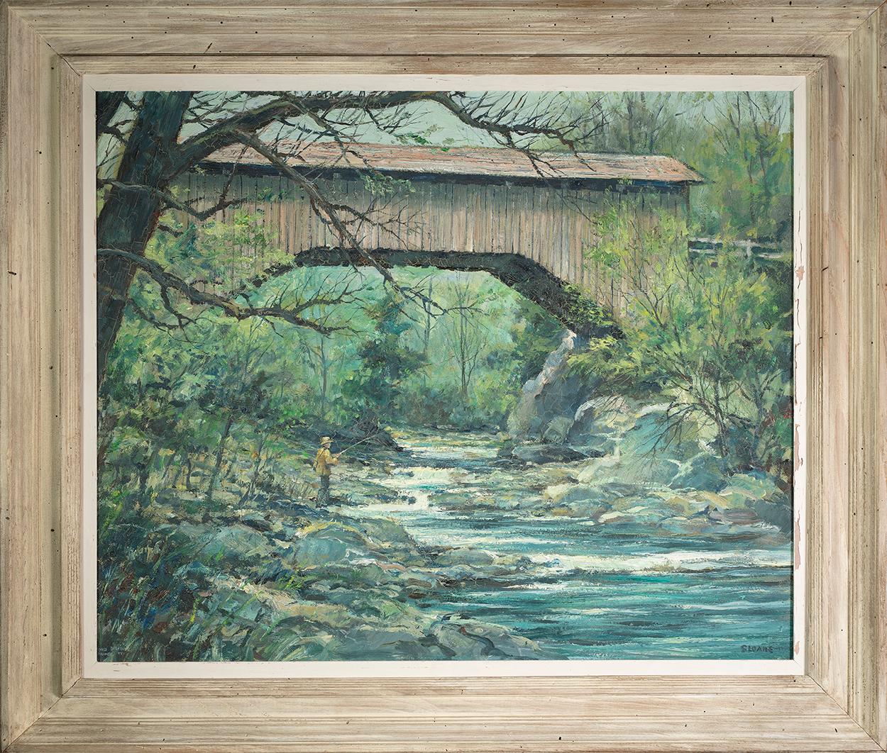 Fishing en dessous d'un pont couvert, Vermont - Painting de Eric Sloane