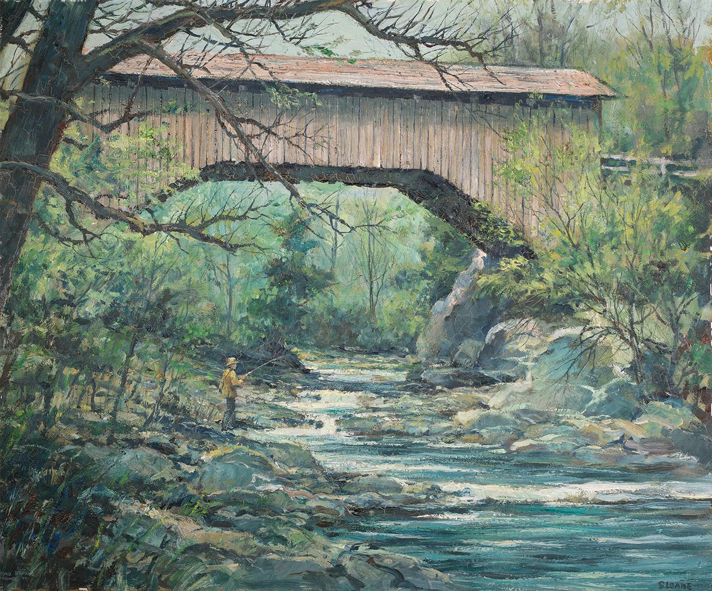 Landscape Painting Eric Sloane - Fishing en dessous d'un pont couvert, Vermont