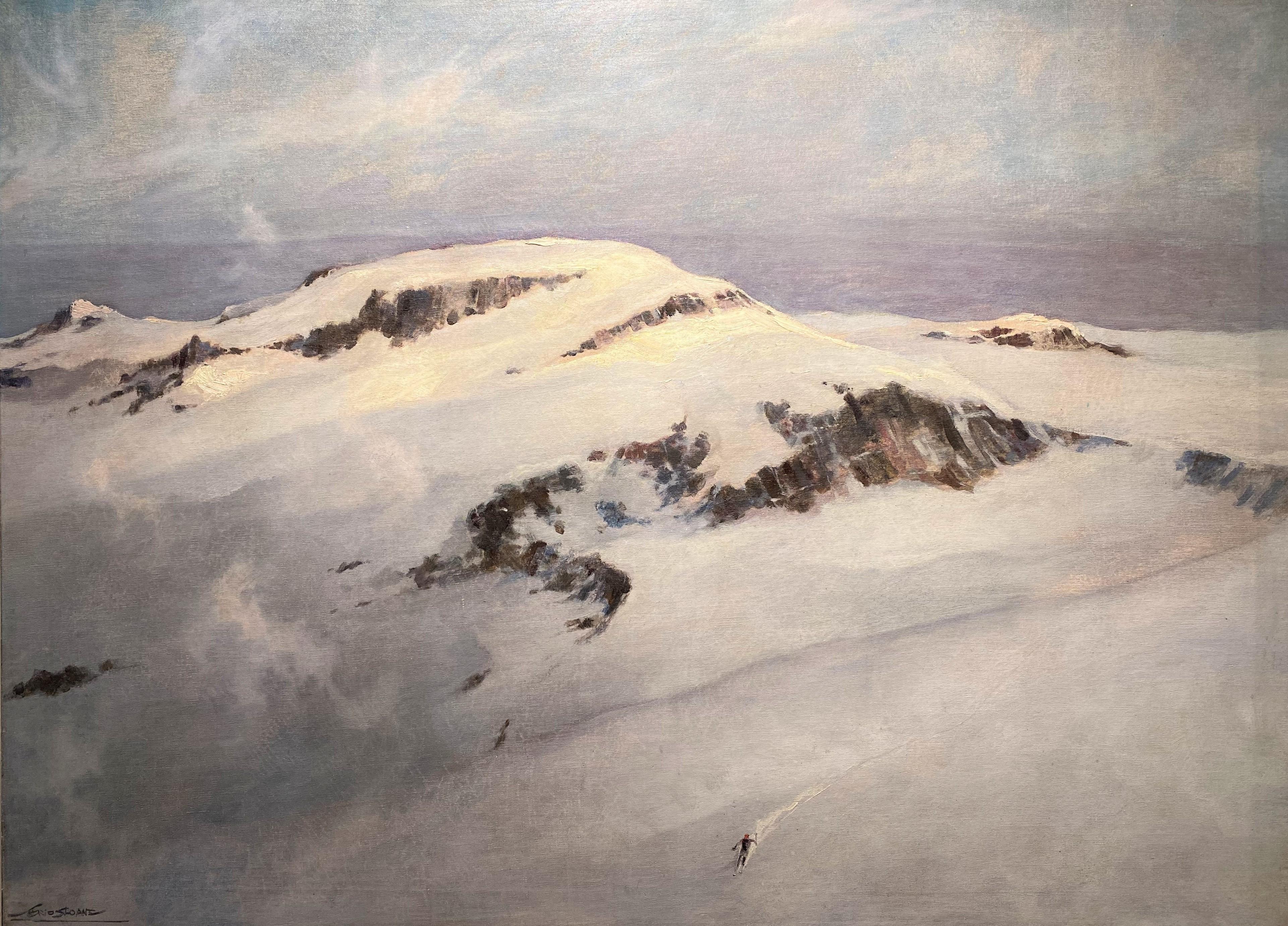 Winter Mountain Landscape with Skier - Painting by Eric Sloane