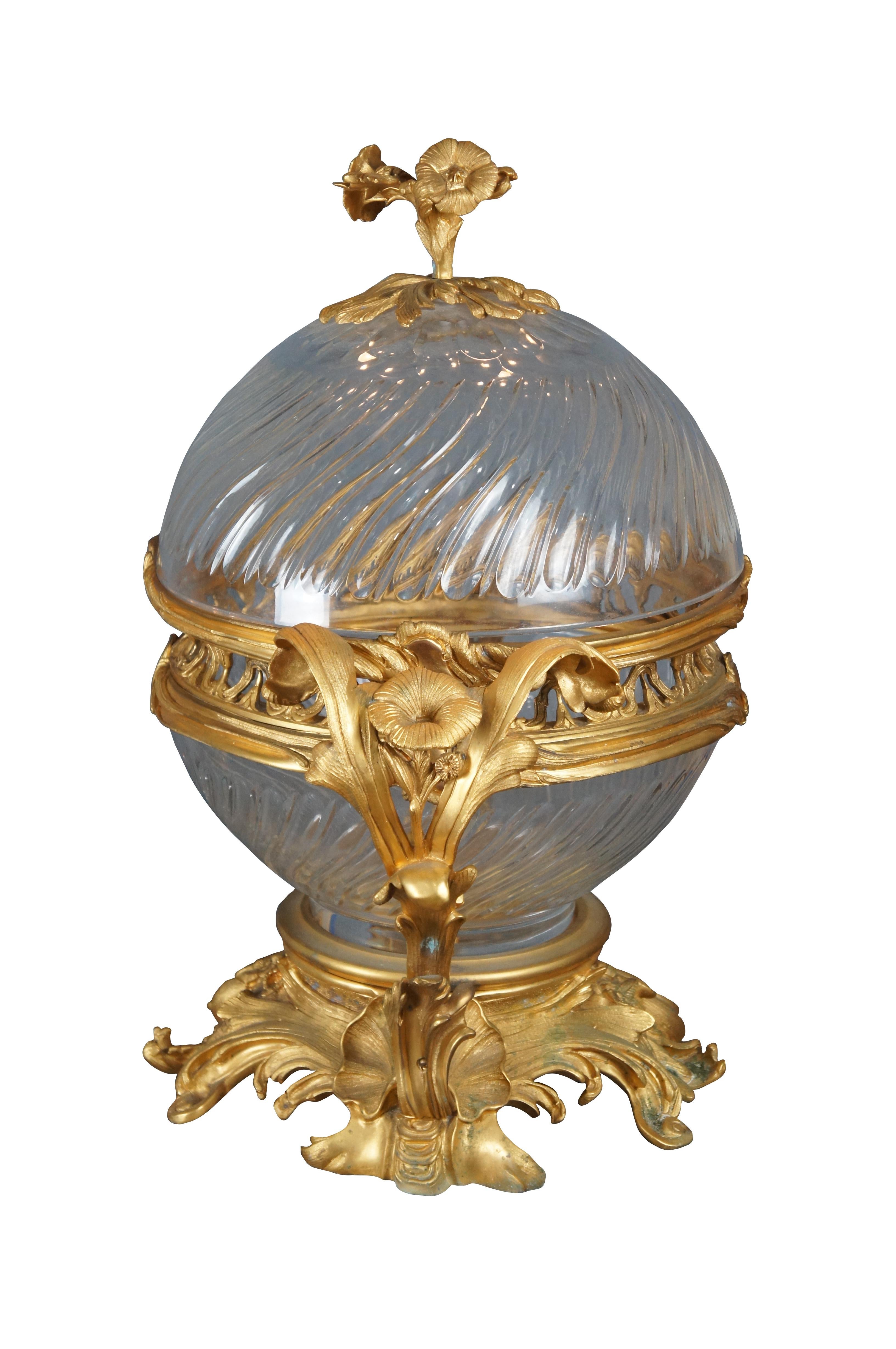 Large and impressive French Louis XV style ormolu-mounted crystal incense burner / centerpiece bowl and cover. Features beautifully chiseled brass mounts in 24 carats with tulip and acanthus folitate details. The bowl is pierced at the center and