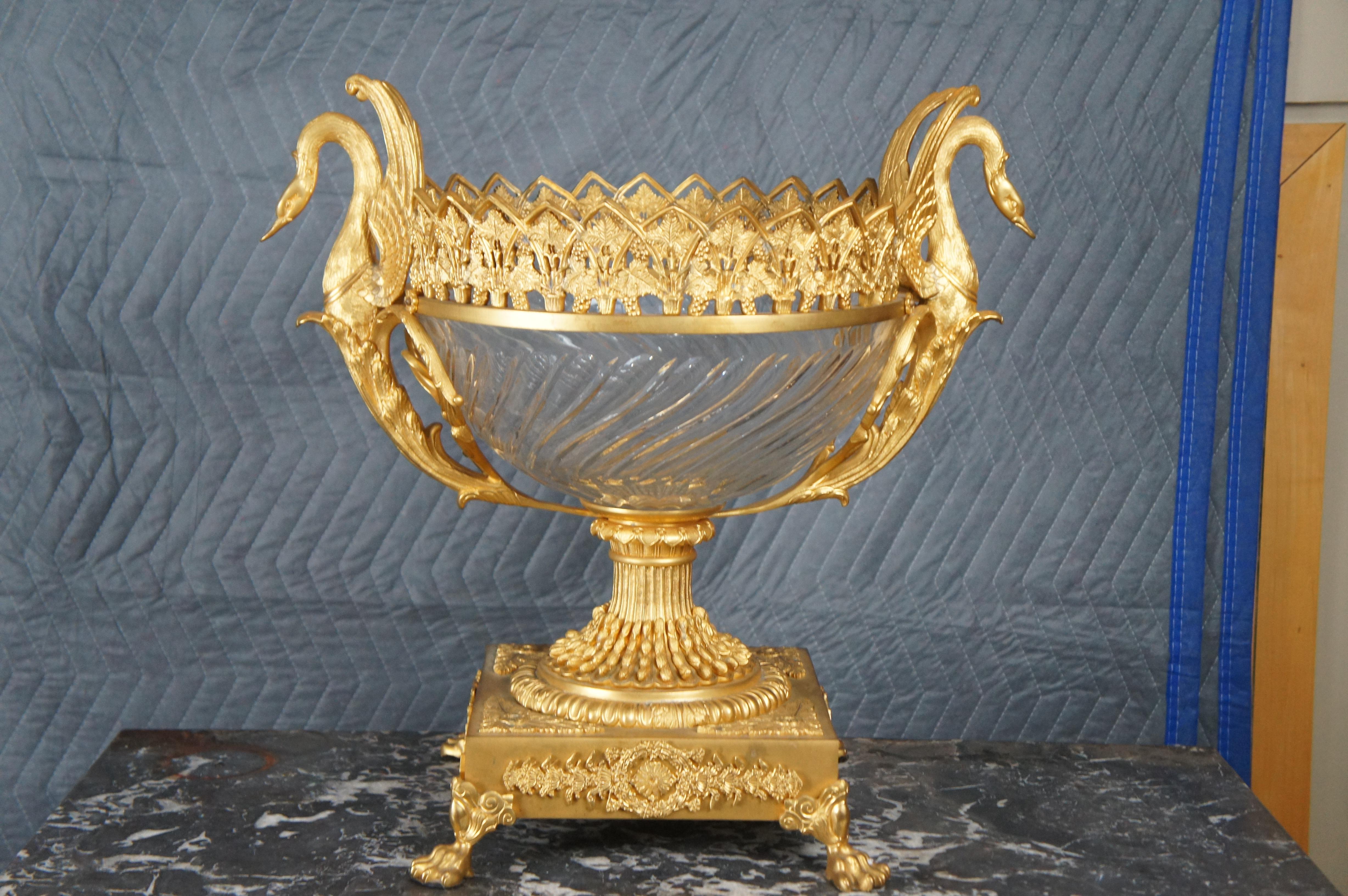 Brass Eric Stepniewski French Louis XV Sawtooth Ormolu & Crystal Swan Centerpiece Bowl For Sale