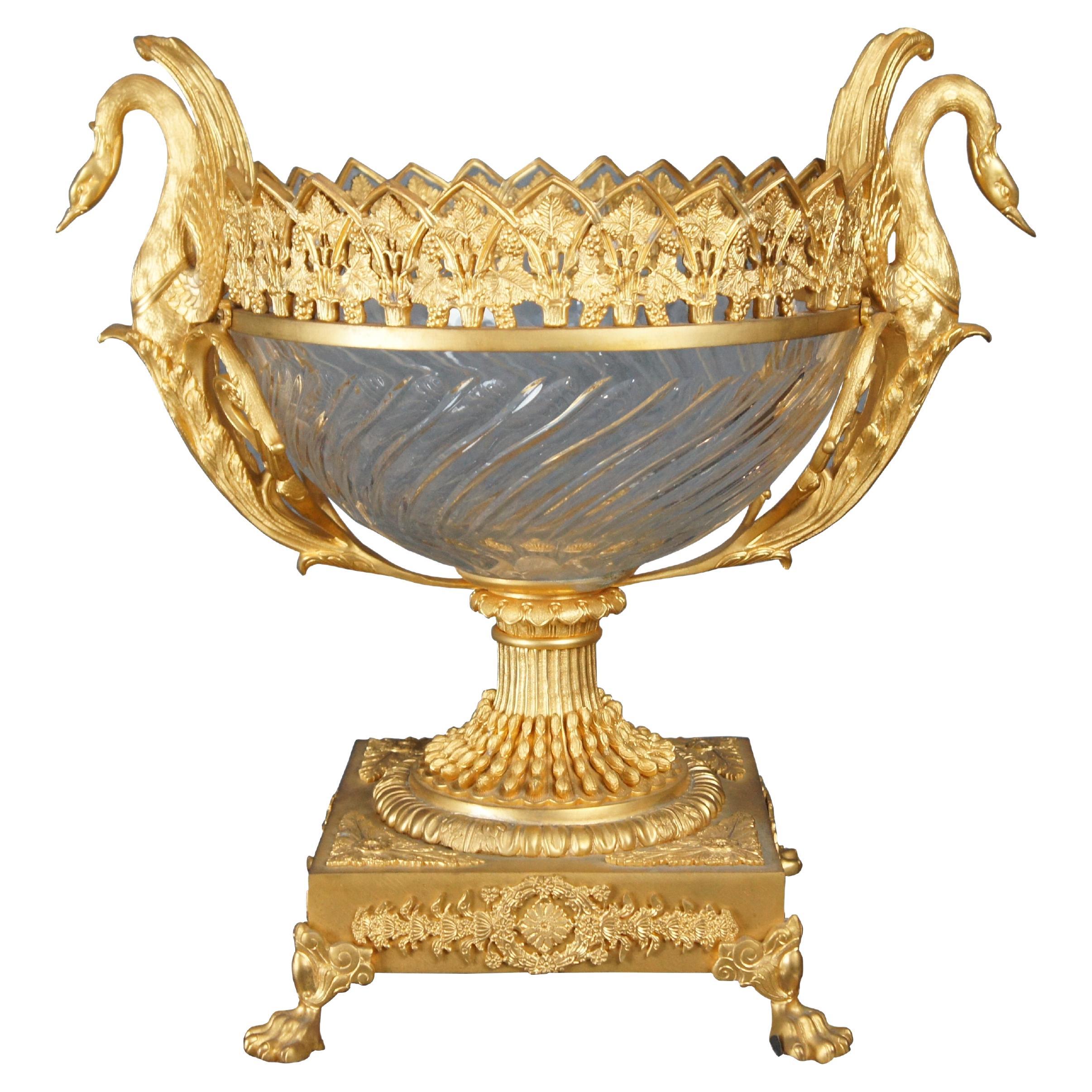 Eric Stepniewski French Louis XV Sawtooth Ormolu & Crystal Swan Centerpiece Bowl For Sale