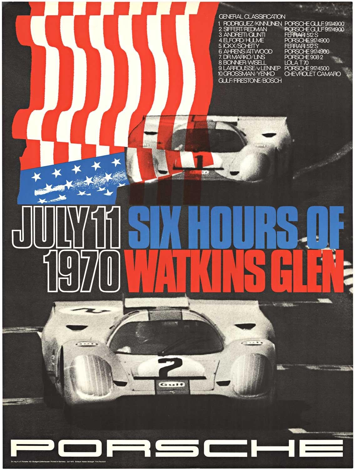 Print Eric Strenger - Affiche d'origine Porsche Six Hours of Watkins Glen, 1970, usine vintage