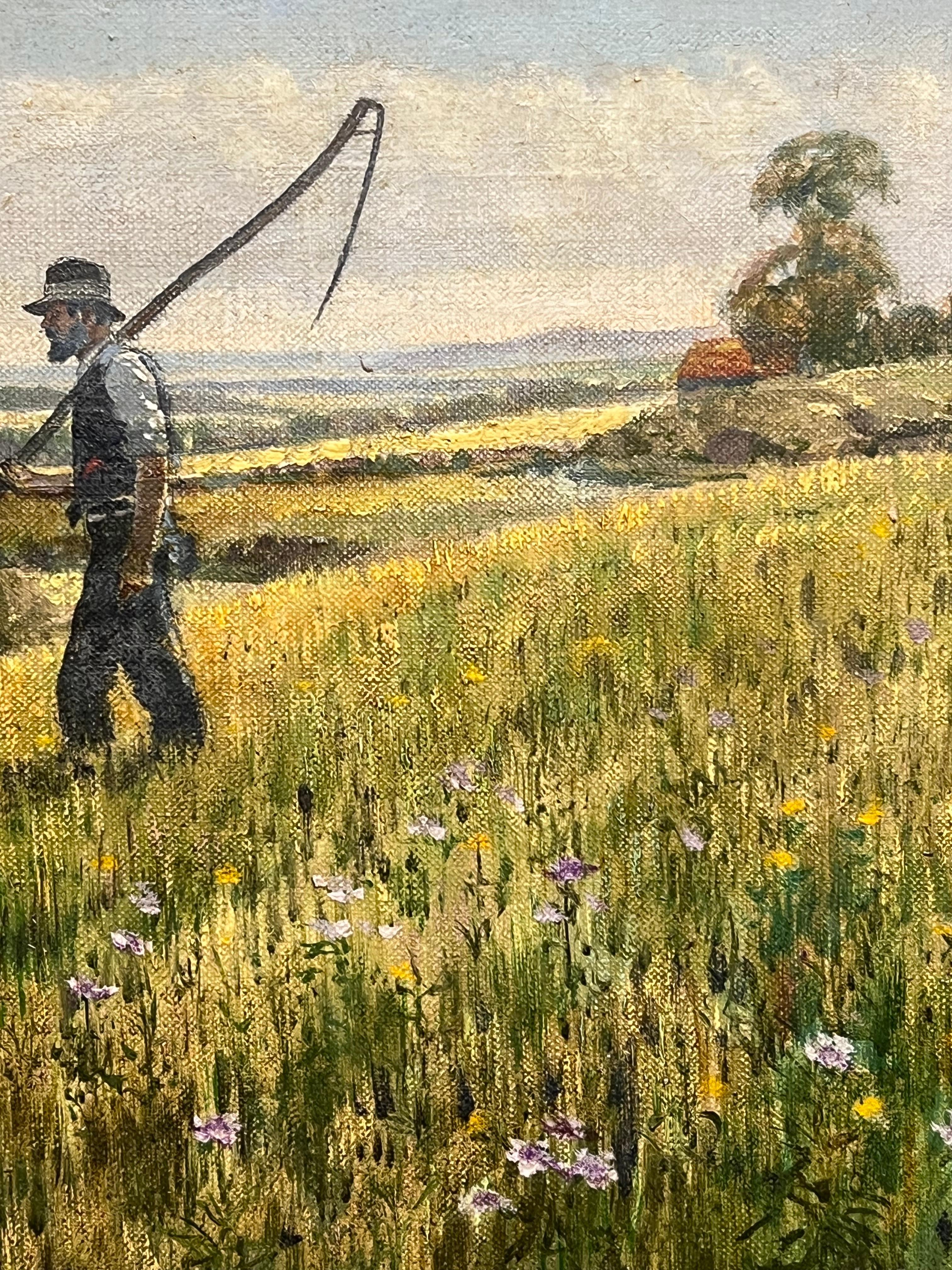 El trabajador de la cosecha Paisaje inglés de campos de verano Pintura al óleo británica firmada - Painting Posimpresionista de Eric Tansley (1916-1979) 