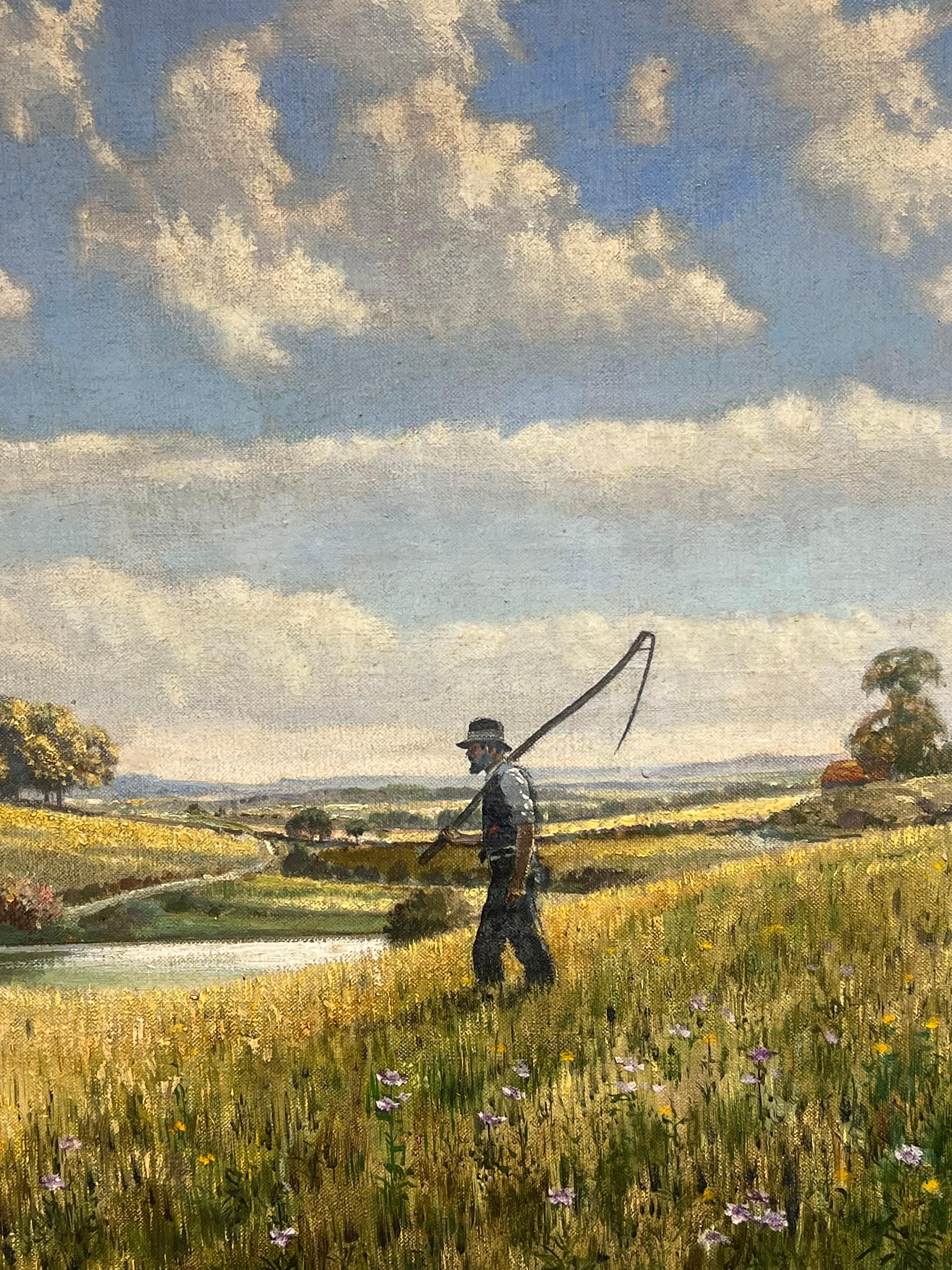 El trabajador de la cosecha Paisaje inglés de campos de verano Pintura al óleo británica firmada - Landscape Painting Marrón de Eric Tansley (1916-1979) 