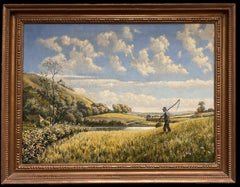 Peinture à l'huile britannique The Harvest Worker English Summer Fields Landscape signée