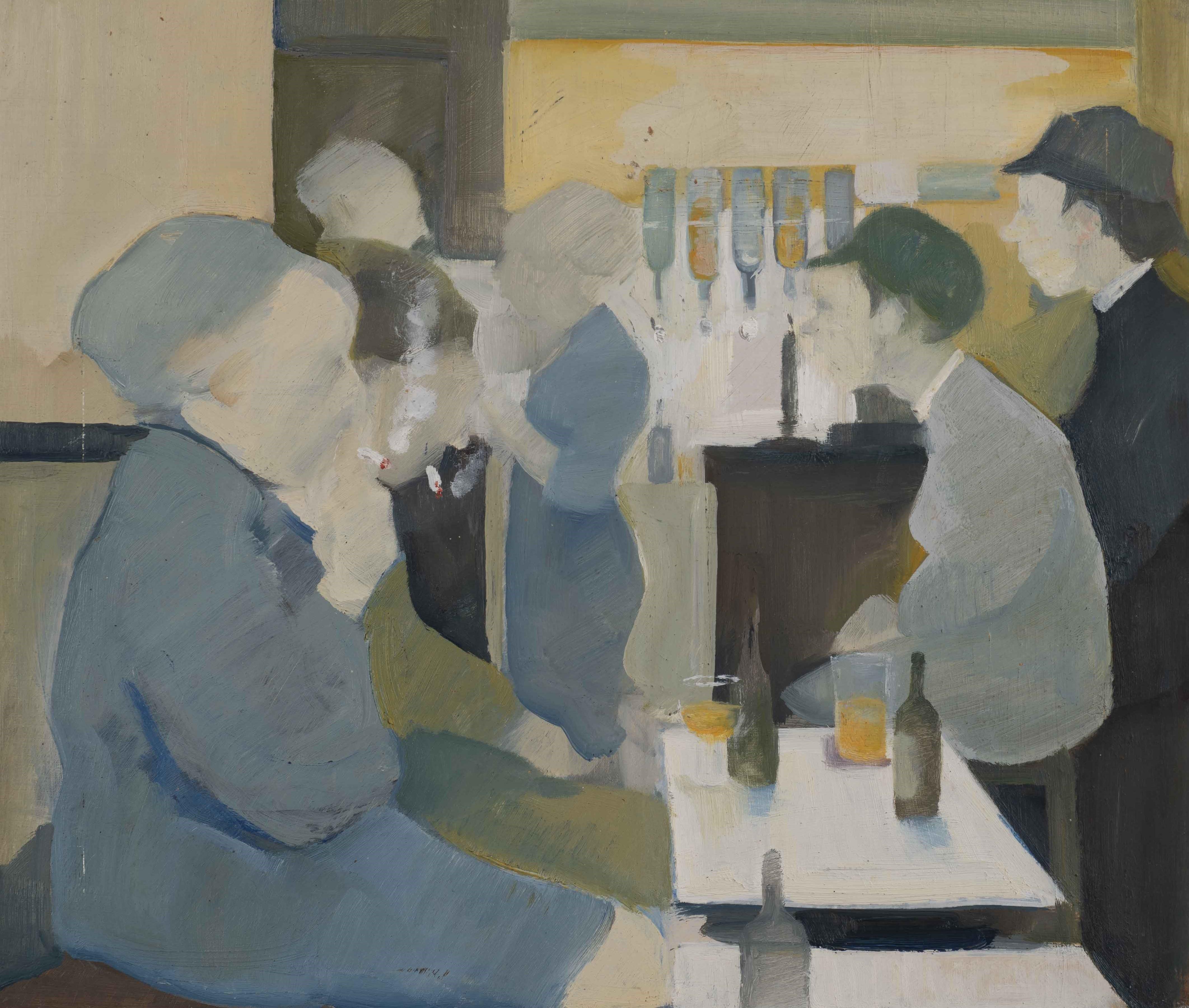 Eric Tucker Figurative Painting - Bar Scene with Two Ladies Smoking