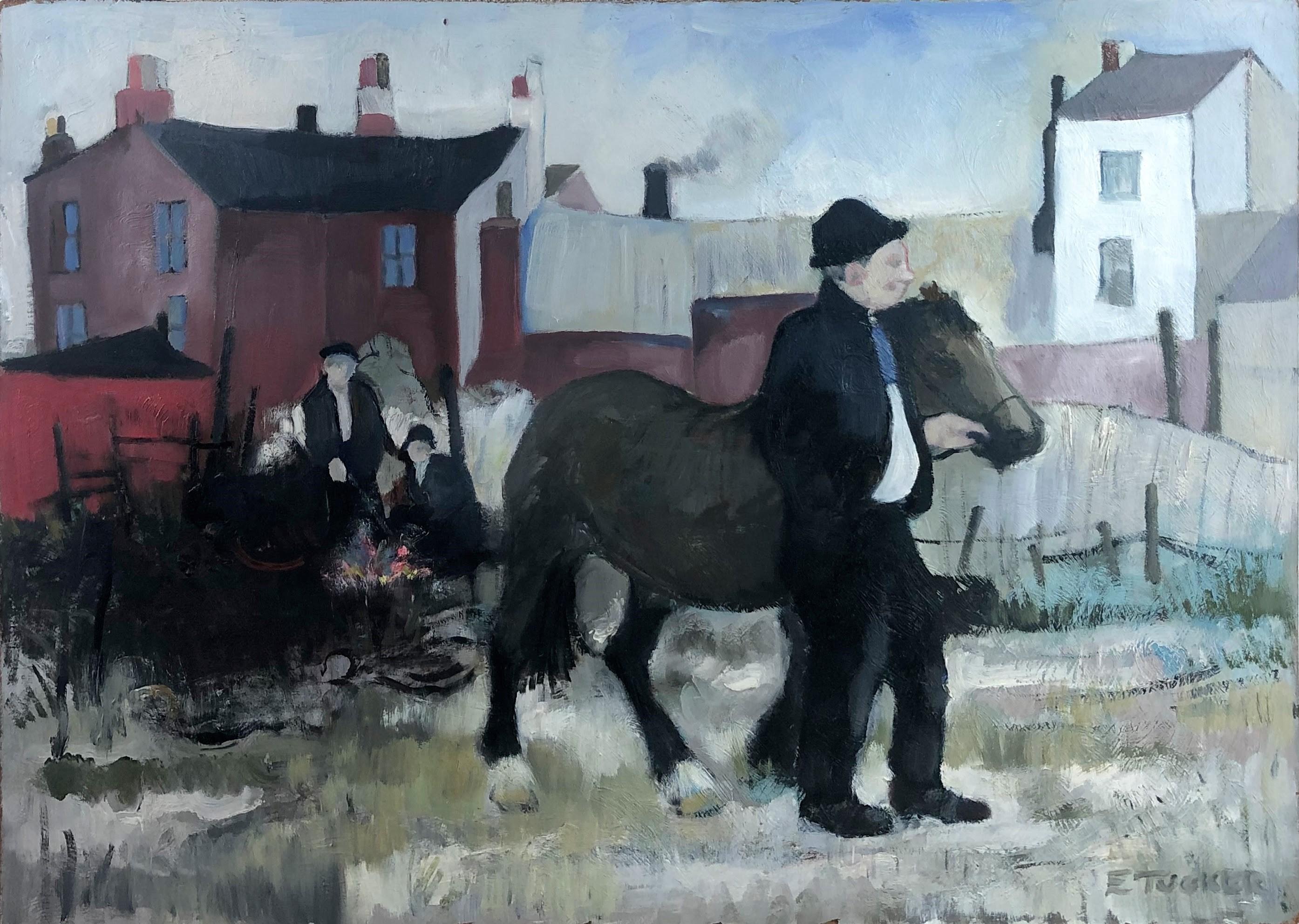 Figurative Painting Eric Tucker - Homme avec un poney sur un terrain vague