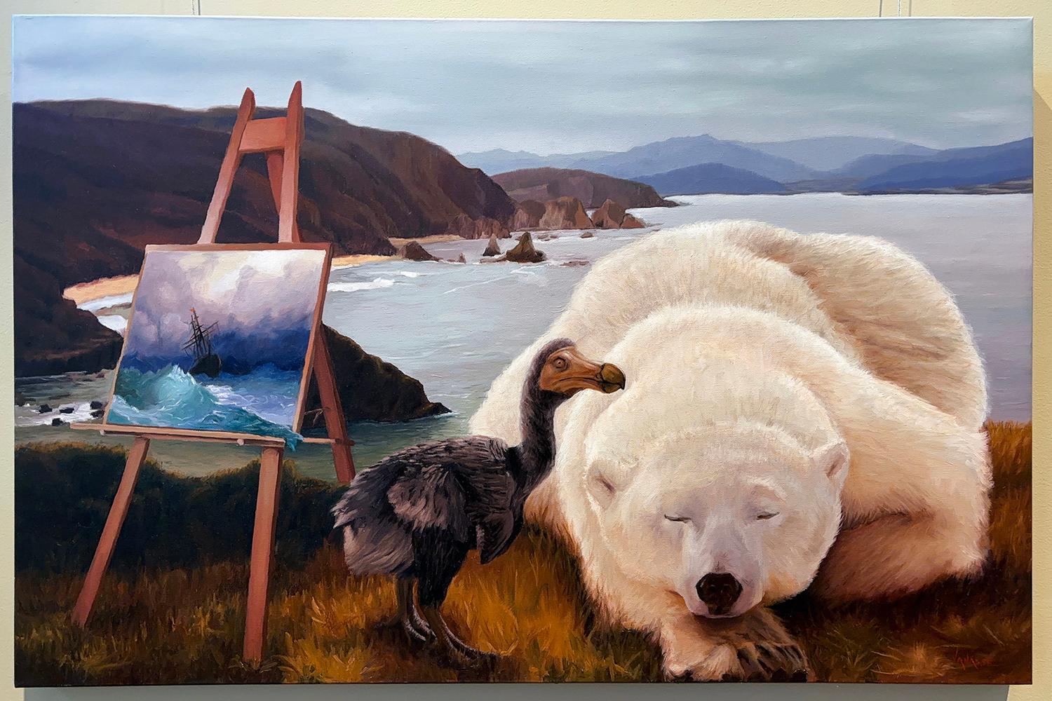 <p>Artist Comments<br>A large white polar bear lies on a cliff with its eyes closed, while a dodo bird leans beside it. To their side, an easel holds a Rembrandt painting of a stormy ocean with a ship tossed in rough waves. Water spills from the