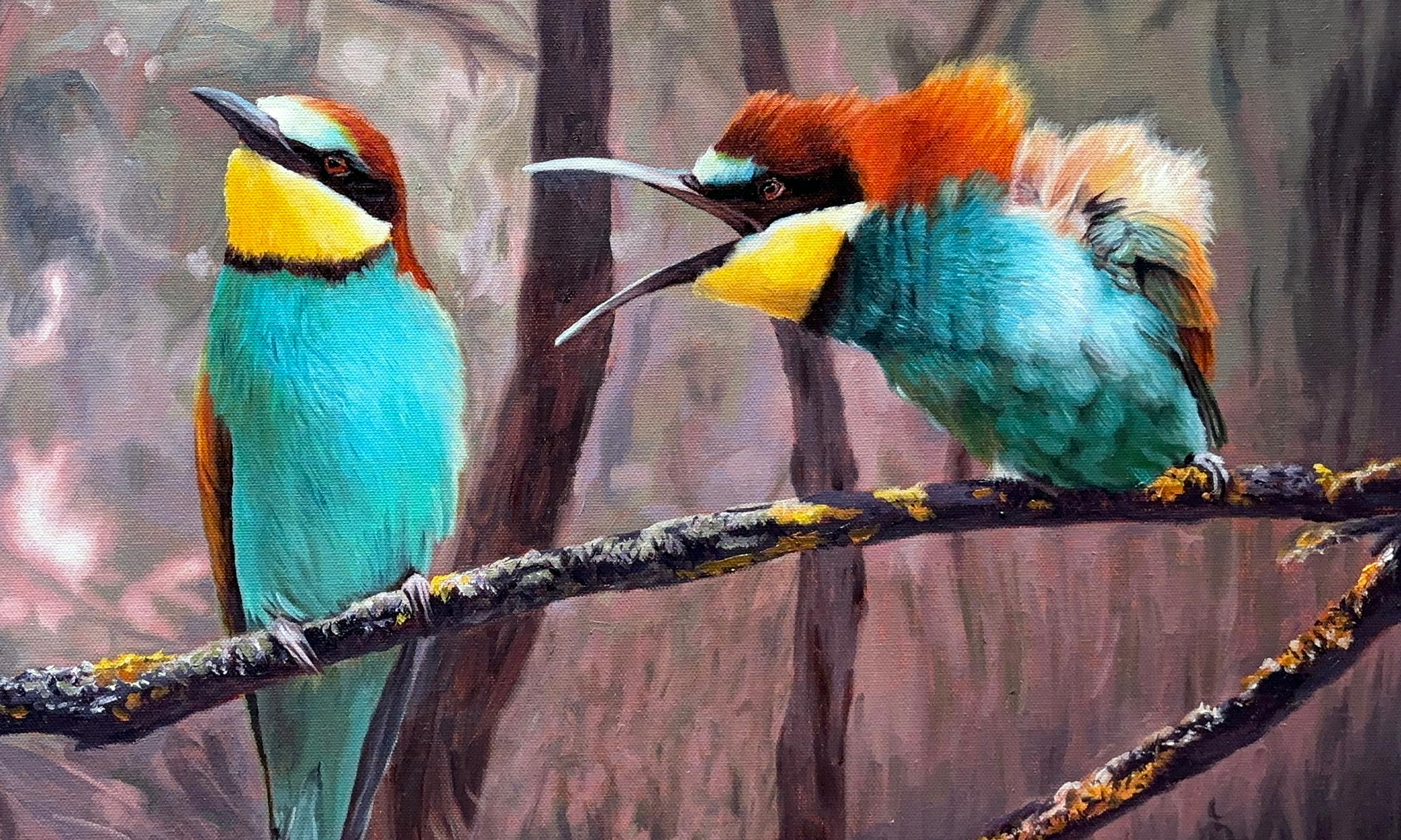 <p>Artist Comments<br>In a forest where muted light filters through the trees, two brightly colored birds perch on a mossy branch. One sits calmly facing forward, while the other leans toward it with an open beak, full of animation. The contrast in