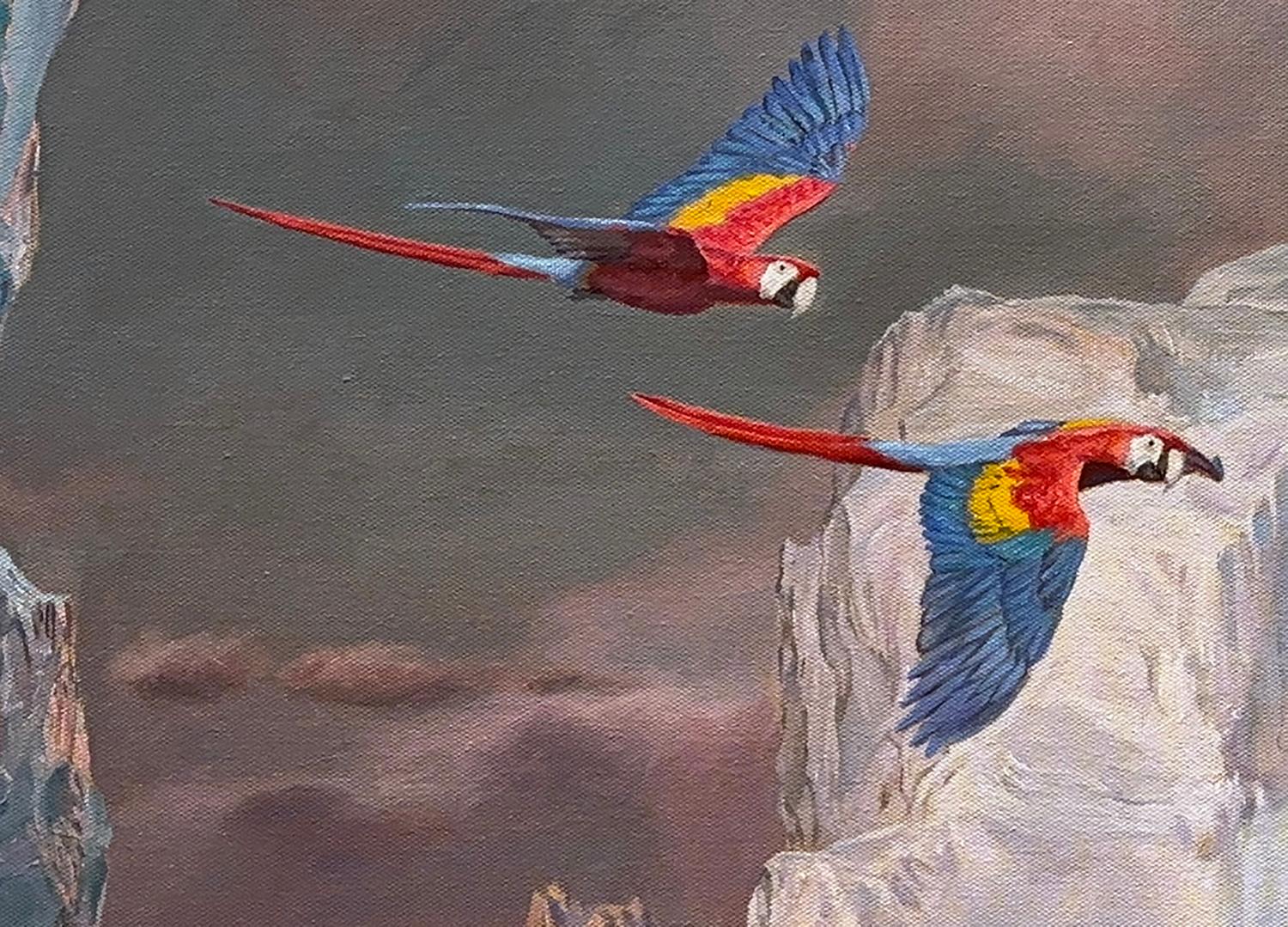 <p>Artist Comments<br>Two brightly colored macaws soar across a frozen expanse, where towering glaciers rise against a brooding overcast sky. In the foreground, an animal skeleton lies half-buried in ice near the waterâ€™s edge. The unlikely pairing