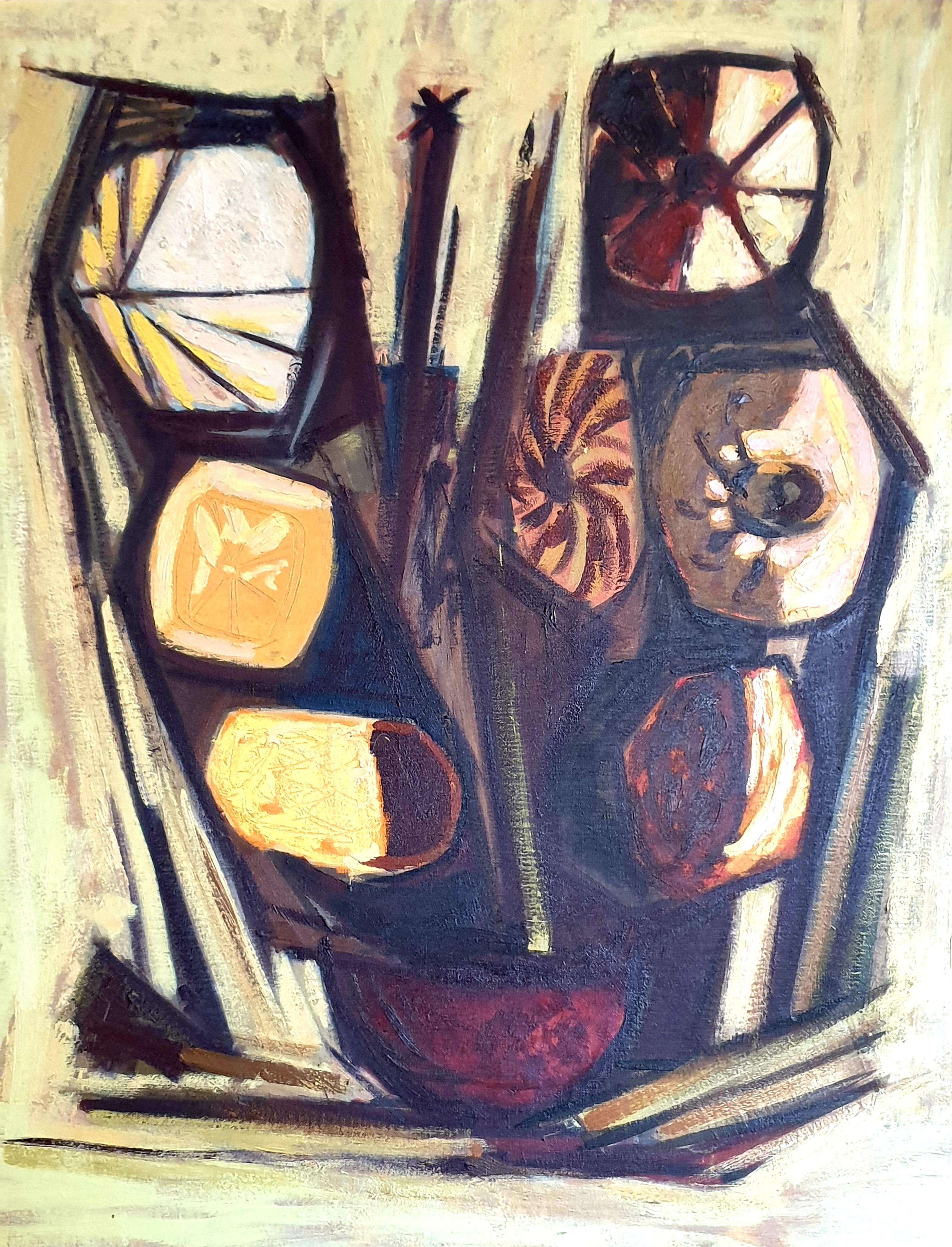 Large Mid-Century Abstract Expressionist Oil on Canvas, Circle of Bernard Buffet - Painting by Eric Verhal