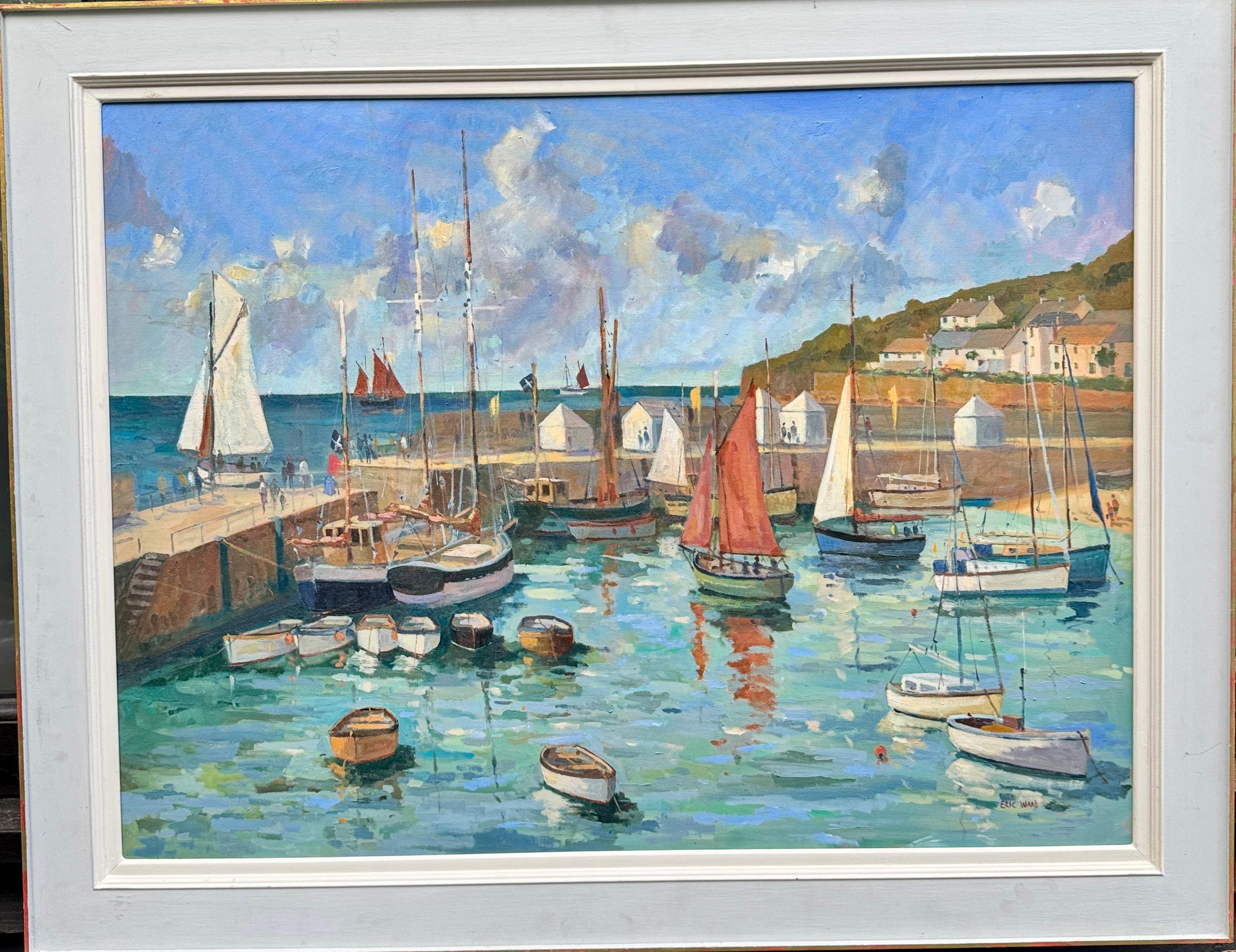 Eric Ward Landscape Painting – Modern British landscape with the Mousehole Regatta harbor and fishing boats