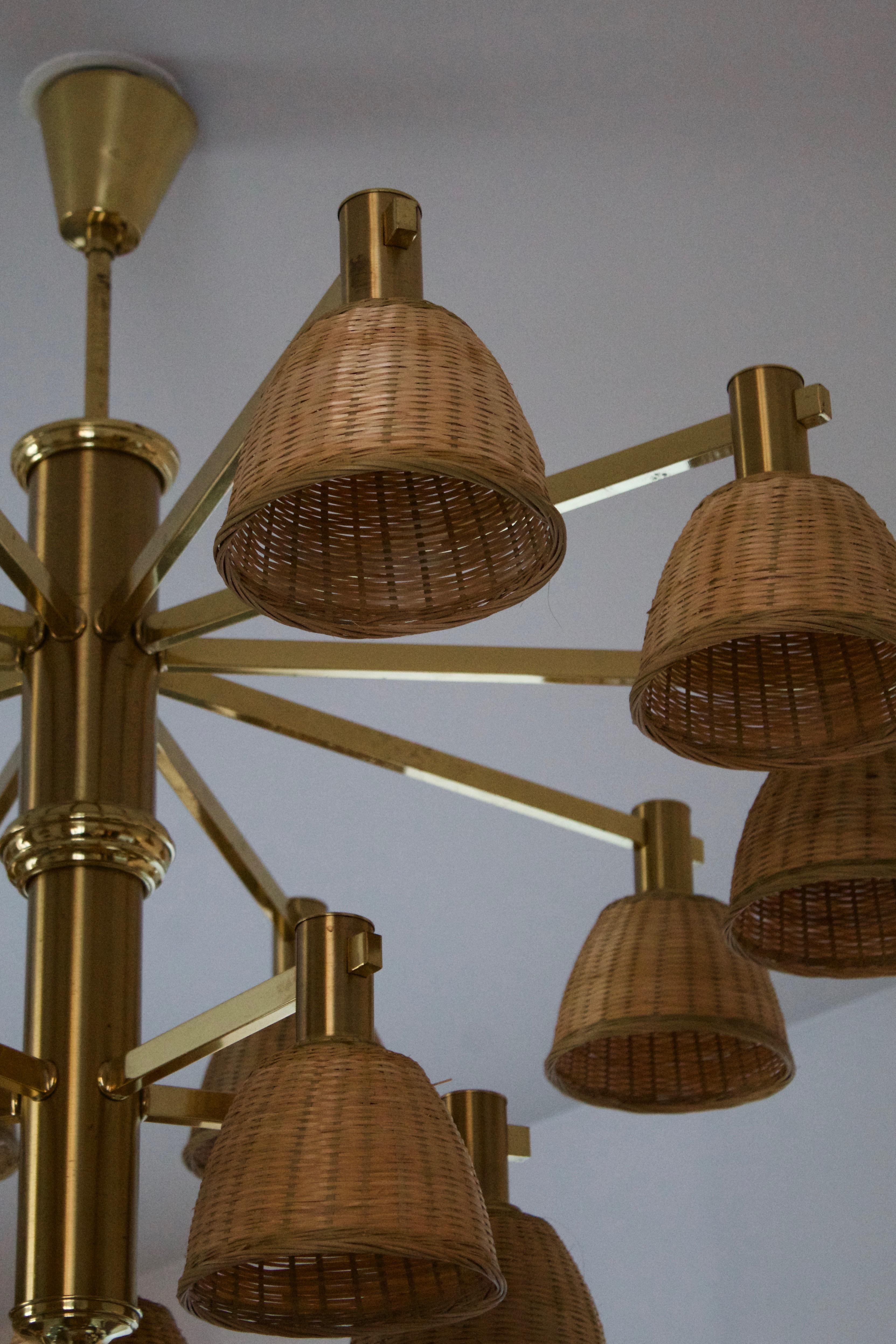 Swedish Eric Wärnå Attributed, Sizable 15-Armed Chandelier, Brass, Rattan, Sweden, 1960s