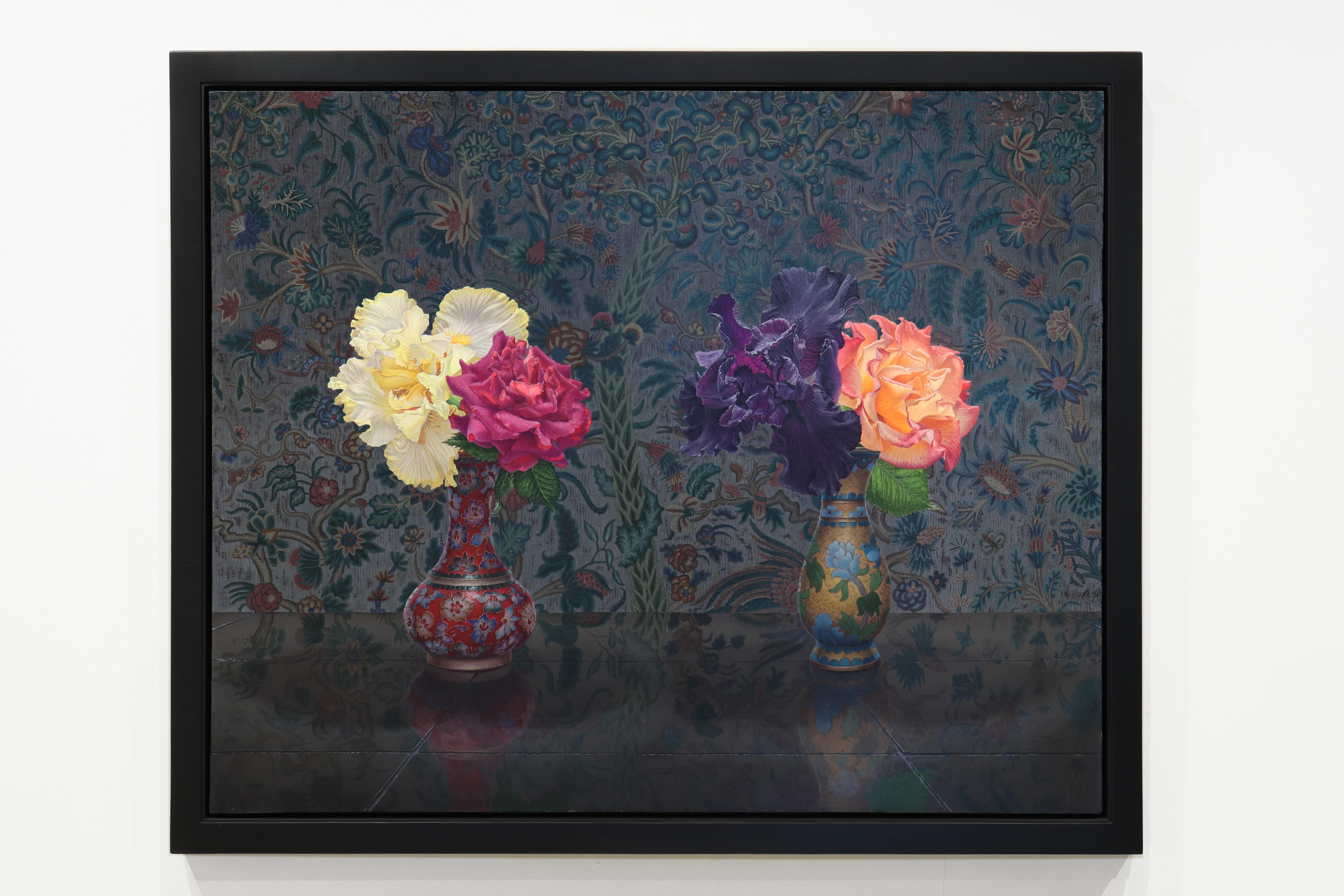 IRIS AND ROSE, still-life, flowers in vase, vibrant colors, tapestry - Painting by Eric Wert