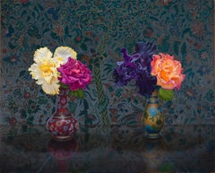IRIS AND ROSE, still-life, flowers in vase, vibrant colors, tapestry