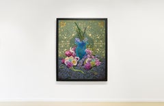 NIMBUS, hyper-realism, vibrant colors, flowers, green and gold lace, vase