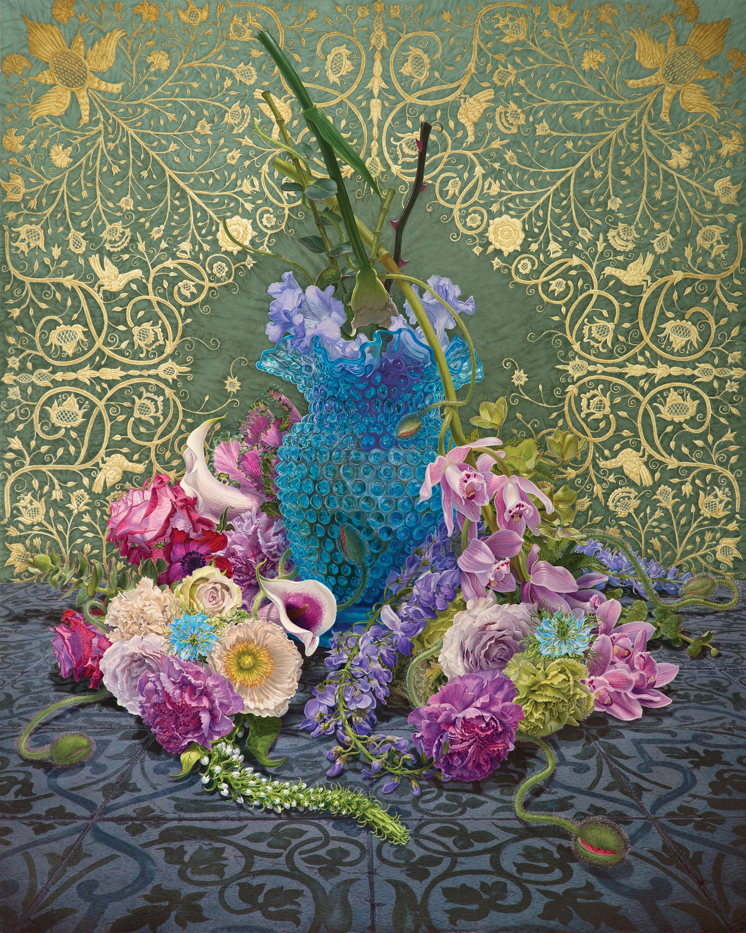 Eric Wert Still-Life Painting - NIMBUS, hyper-realism, vibrant colors, flowers, green and gold lace, vase