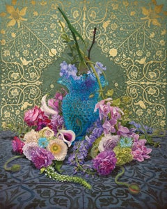 NIMBUS, hyper-realism, vibrant colors, flowers, green and gold lace, vase