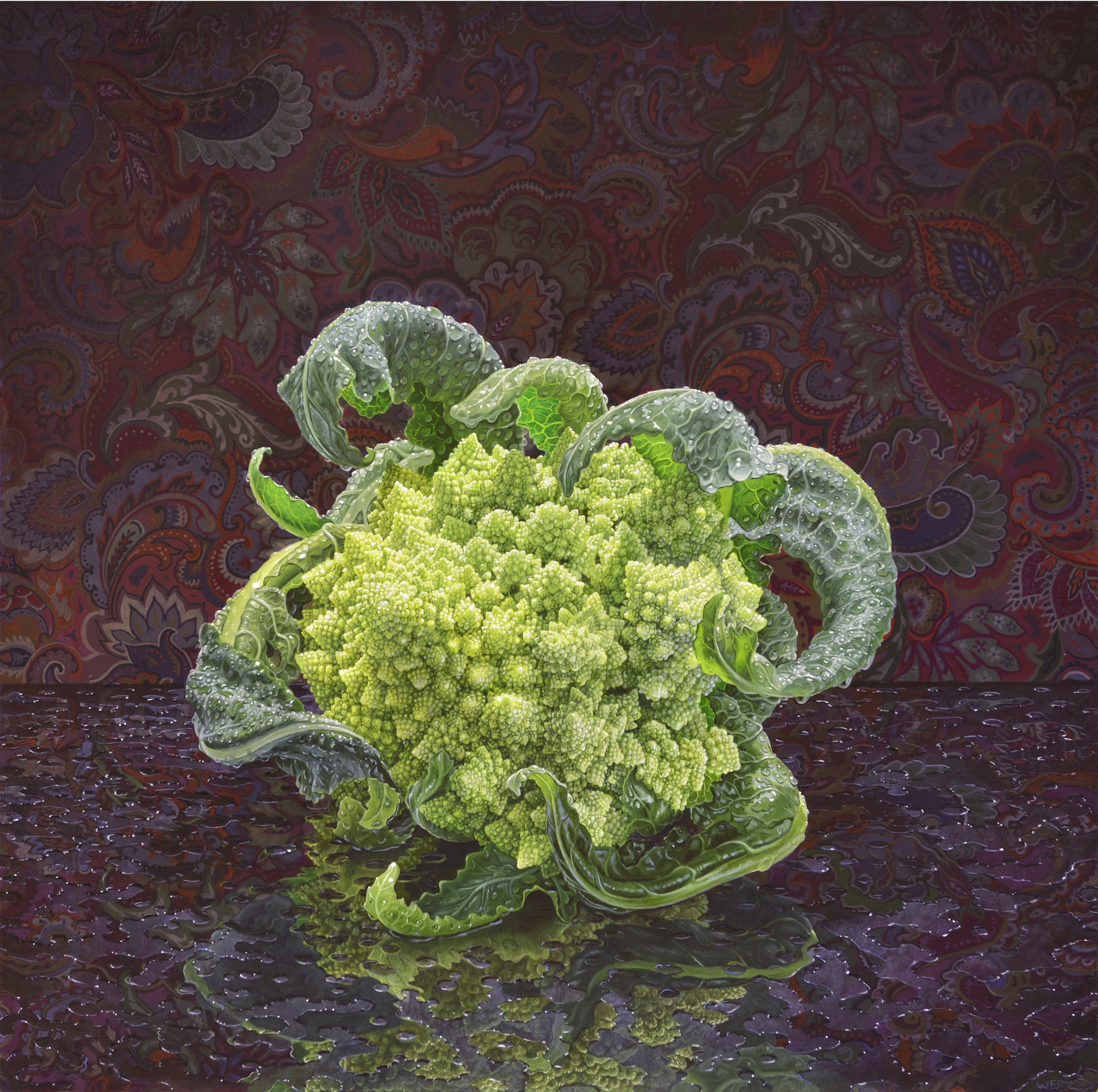 Romanesque, Contemporary Realism, Cauliflower, Tapestry, Reflection - Painting by Eric Wert