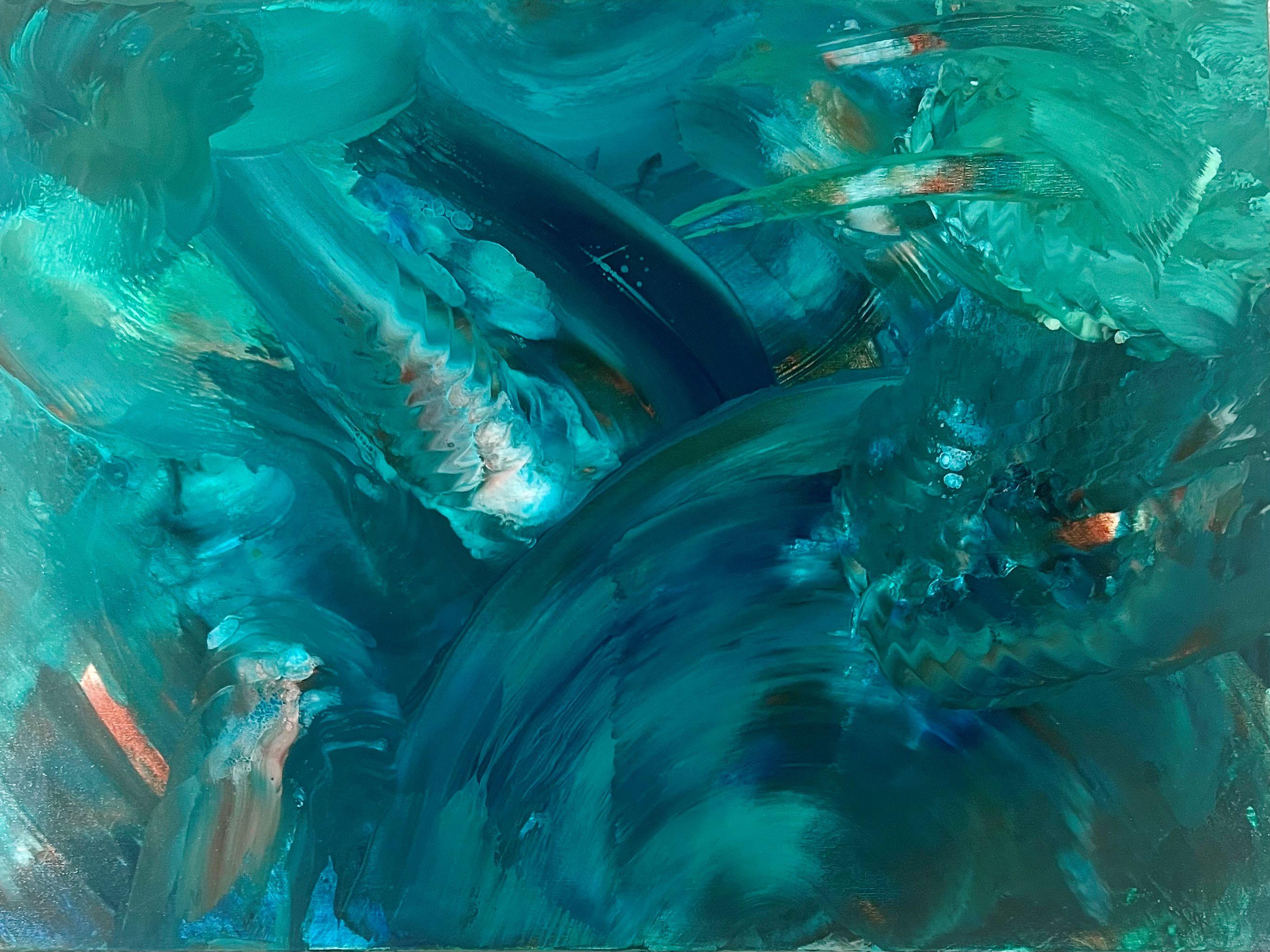 <p>Artist Comments<br>Artist Eric Wilson paints an intriguing abstract of cool greens and creamy tones with sweeping gestural marks. Deep turquoise hues diffuse into dreamy tides of vivid color. Void of brush strokes, Eric paints the entire piece