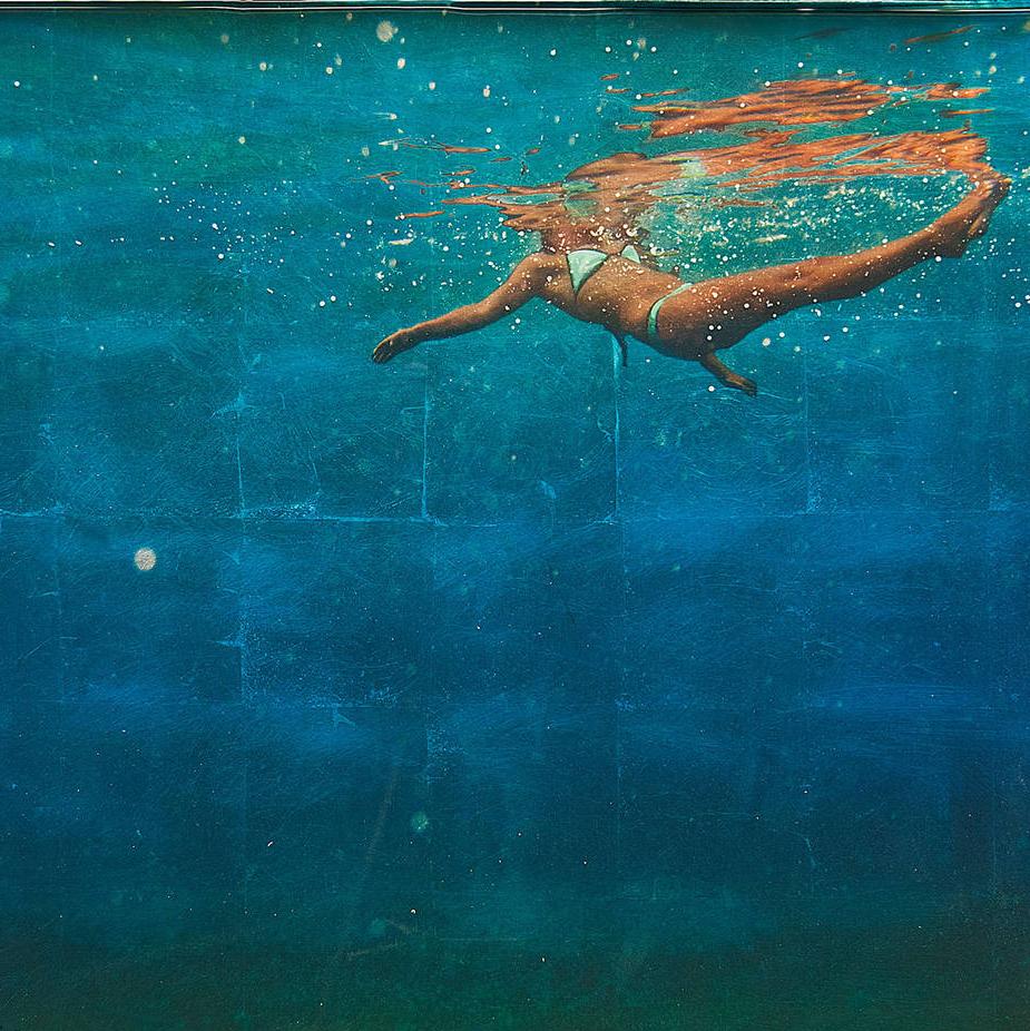 AWE, women with body underwater, shades of blue, shades of green, bright bikini - Contemporary Mixed Media Art by Eric Zener