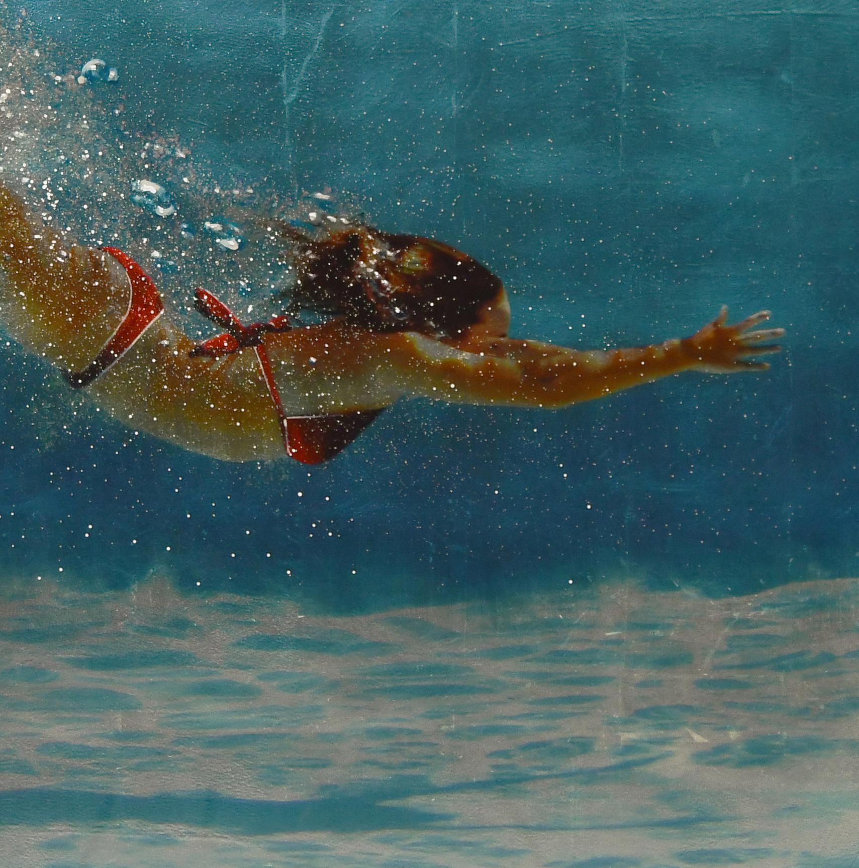 BLUE BLISS, woman swimming in ocean, photorealism, ocean, bubbles, blue, white - Contemporary Mixed Media Art by Eric Zener