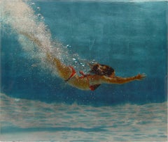 BLUE BLISS, woman swimming in ocean, photorealism, ocean, bubbles, blue, white