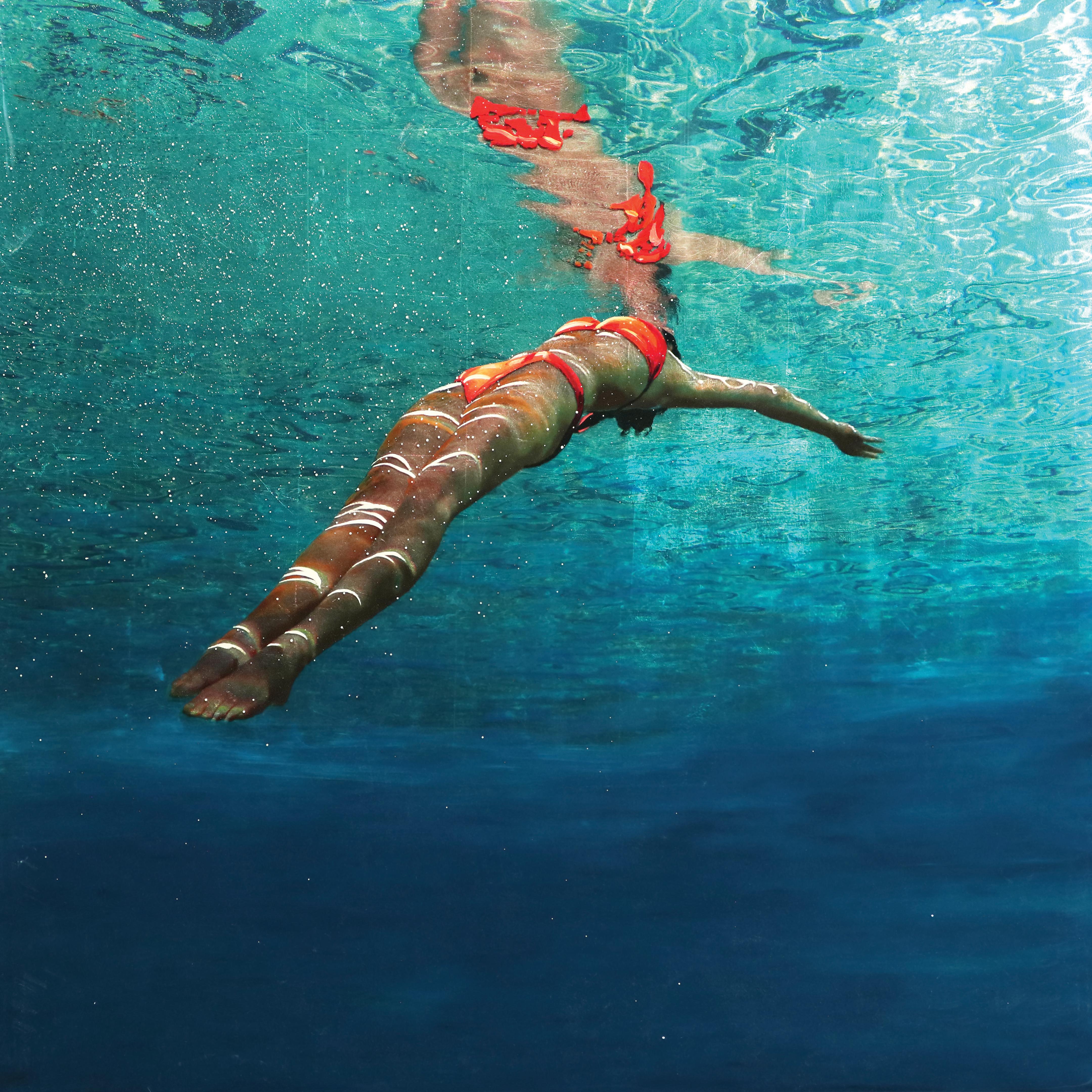BLUE SALUTATION - Técnica mixta / Contemporáneo Figurativo Nadador / Playa - Mixed Media Art de Eric Zener