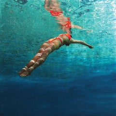 BLUE SALUTATION - Mixed Media / Contemporary Figurative Swimmer / Beach