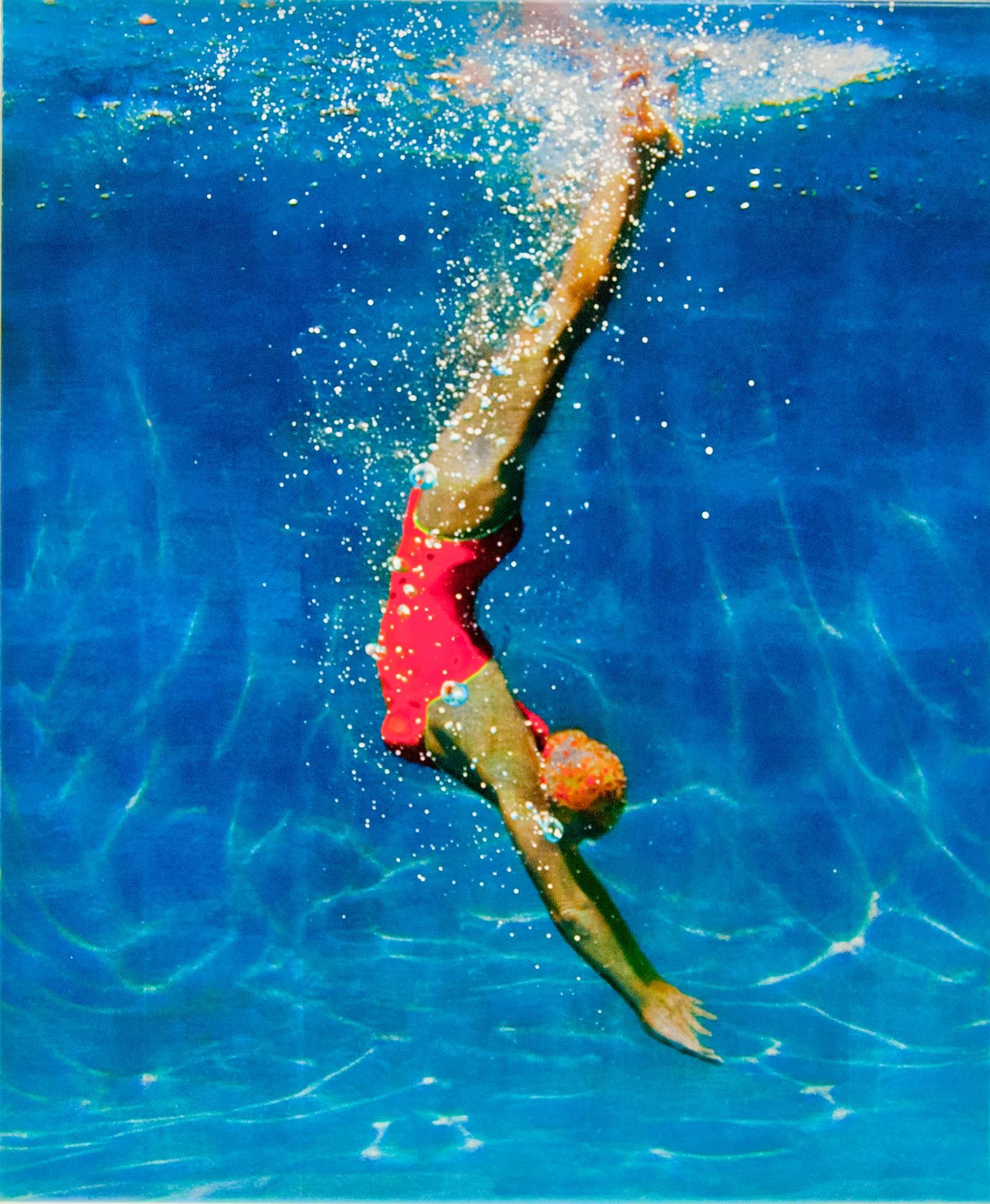 FROM ONE PLACE TO ANOTHER, women in red bathing suit, diving, hyper-realism - Mixed Media Art by Eric Zener