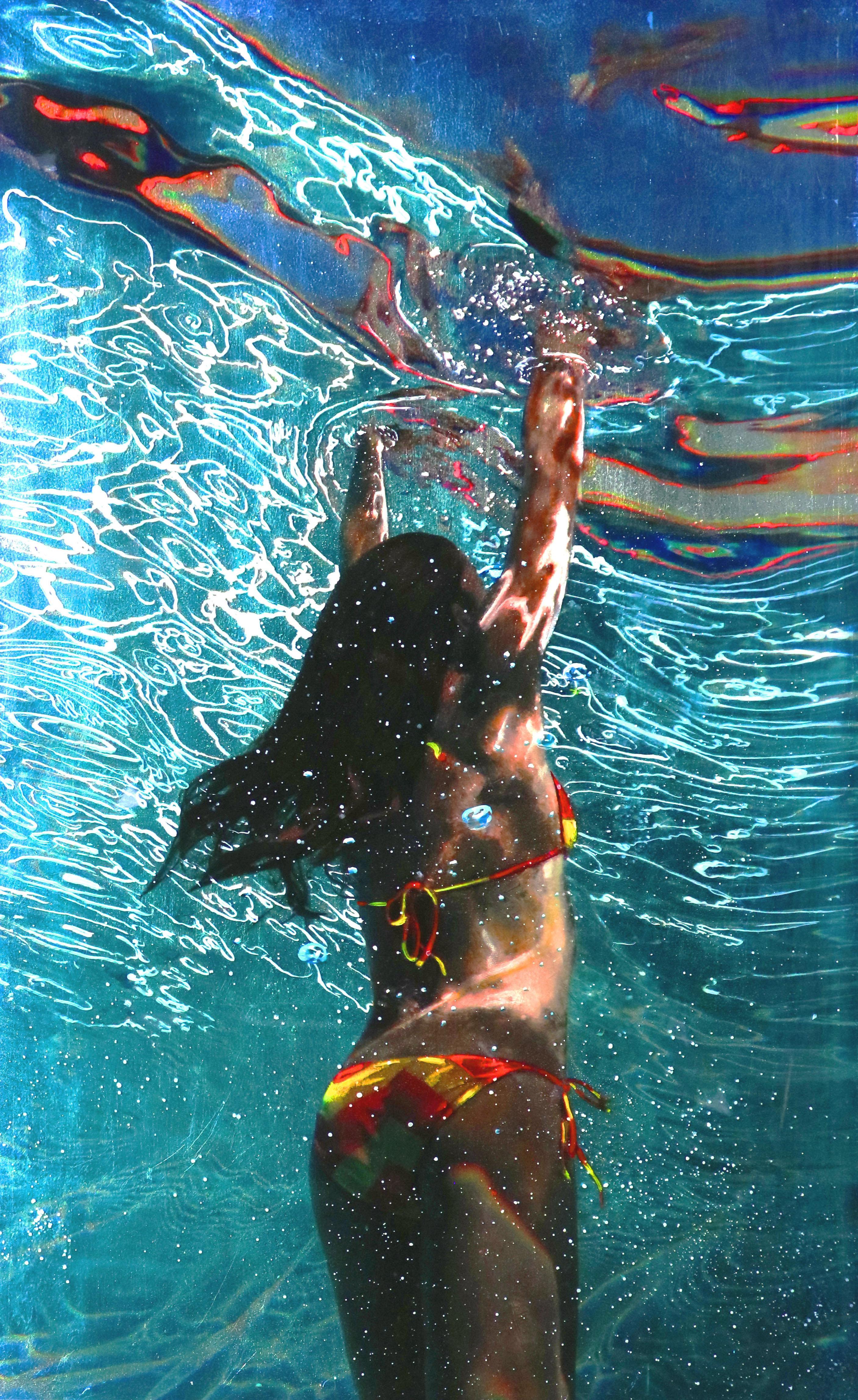 REACHING UP - Contemporary Mixed Media / Figurative Realism / Swimmer Underwater - Mixed Media Art by Eric Zener