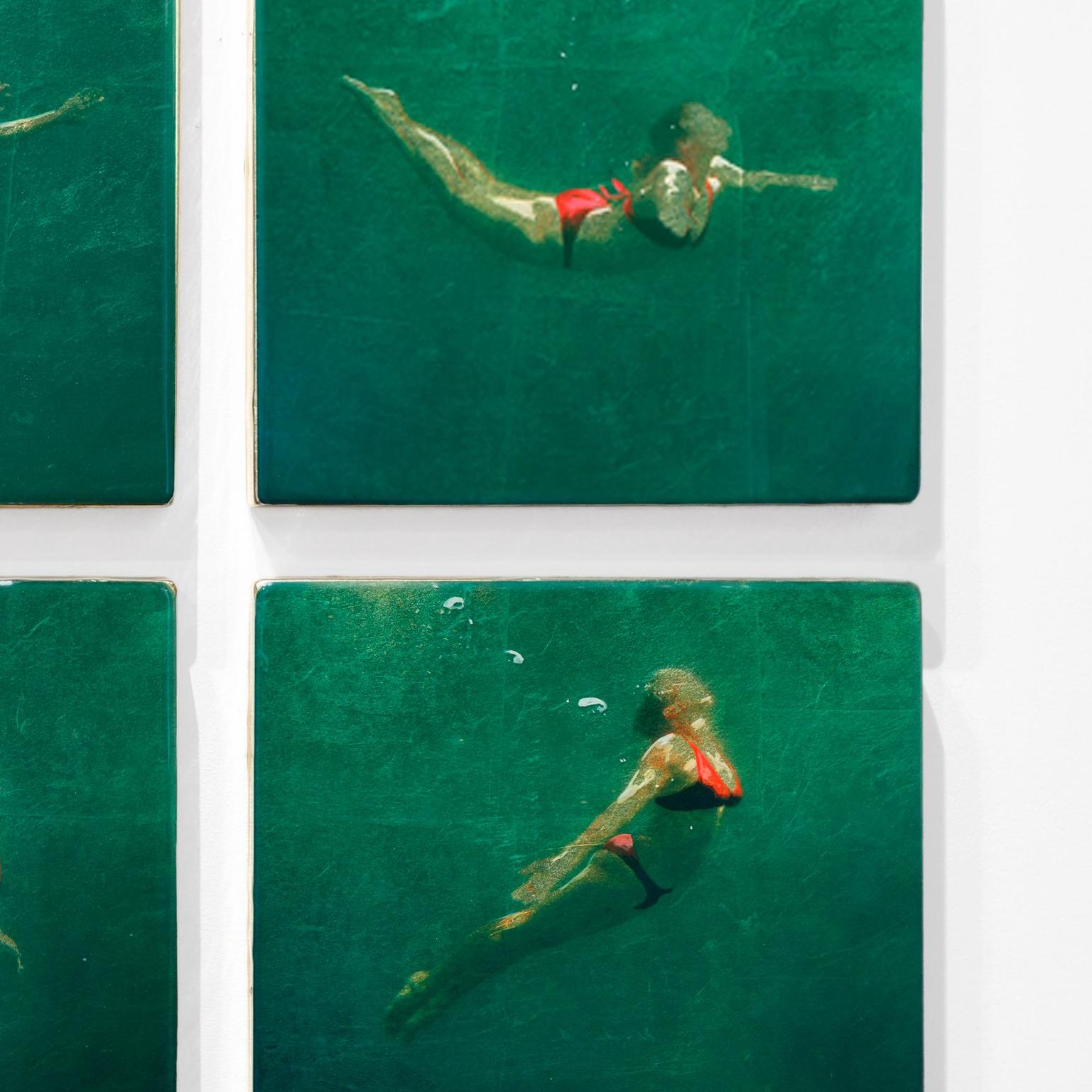 RISING UP (QUAD), photo-realism, women underwater, green water, red bikini - Contemporary Mixed Media Art by Eric Zener