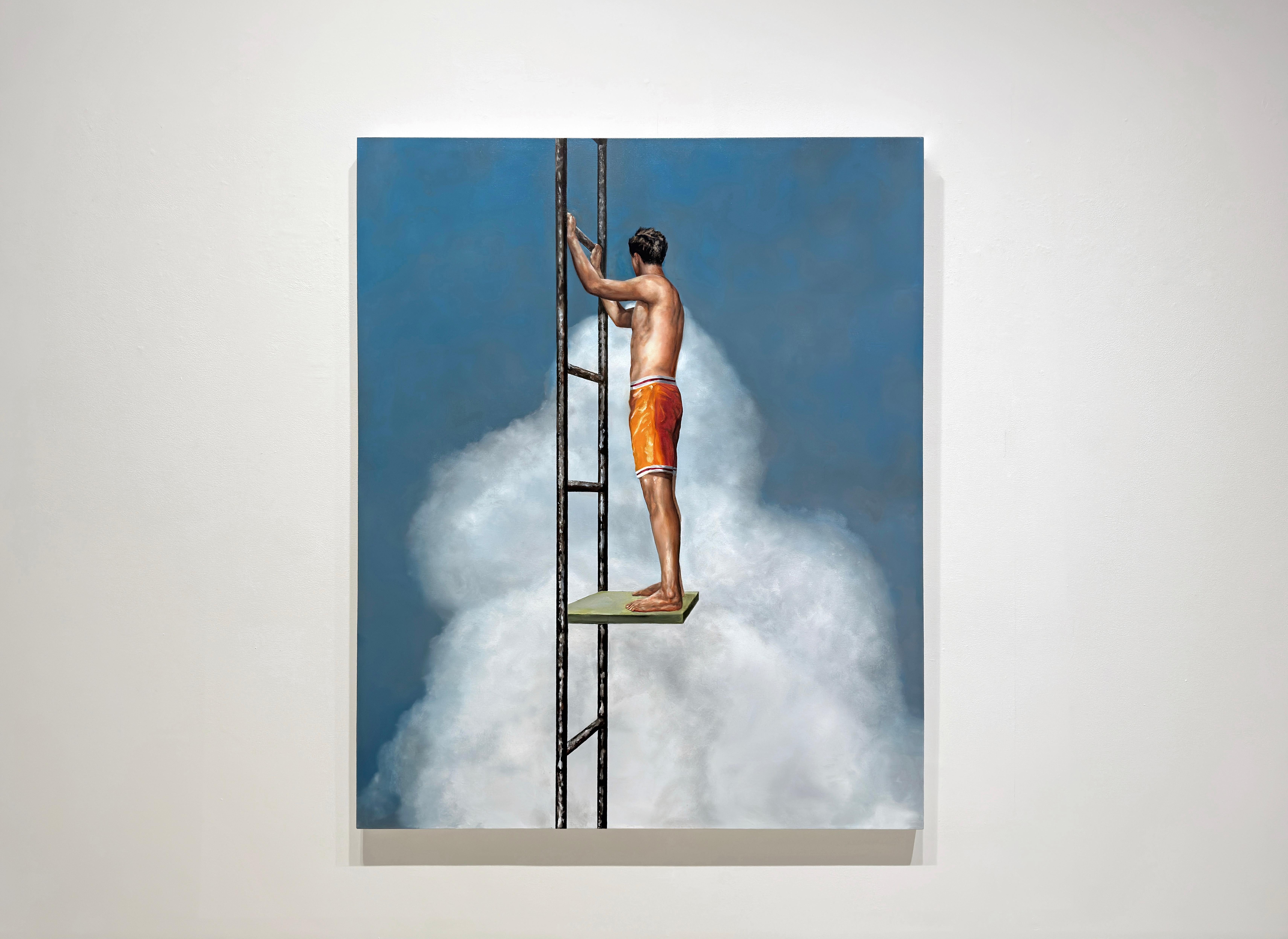 ABOVE IT ALL - Contemporary Realism / Male Figure Swimmer / Ladder Journey Sky - Painting by Eric Zener
