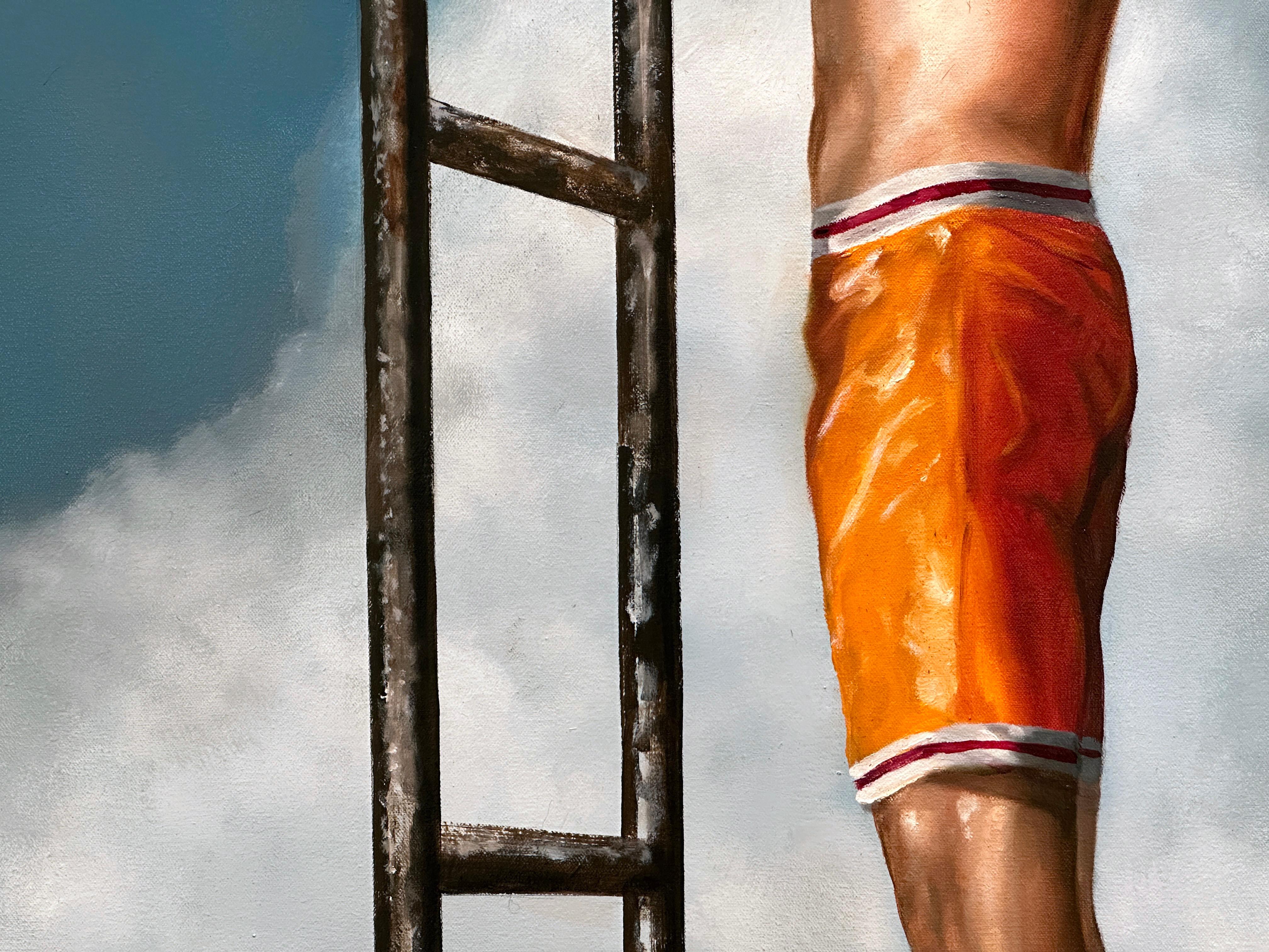 ABOVE IT ALL - Contemporary Realism / Male Figure Swimmer / Ladder Journey Sky For Sale 3