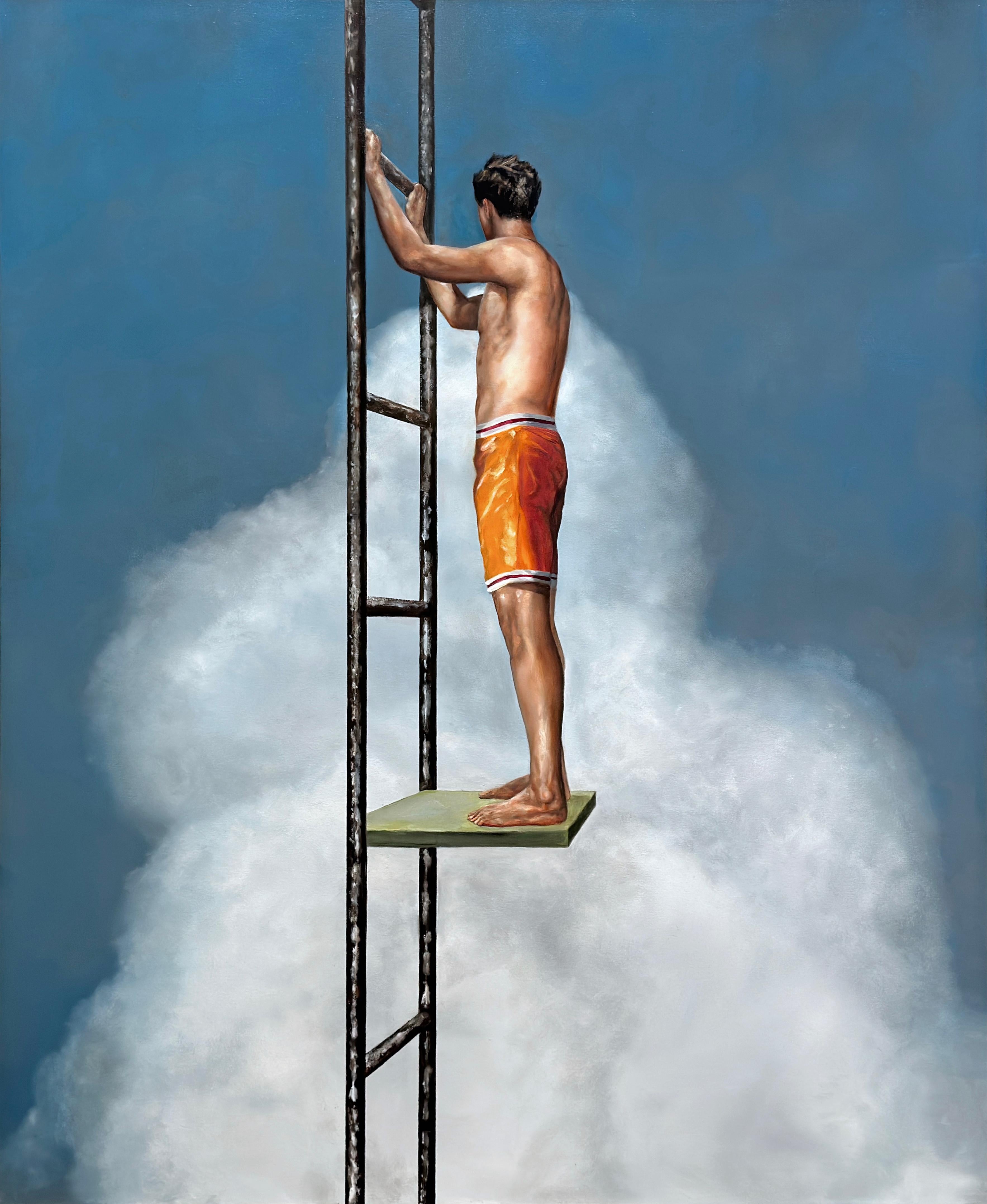 Eric Zener Figurative Painting - ABOVE IT ALL - Contemporary Realism / Male Figure Swimmer / Ladder Journey Sky