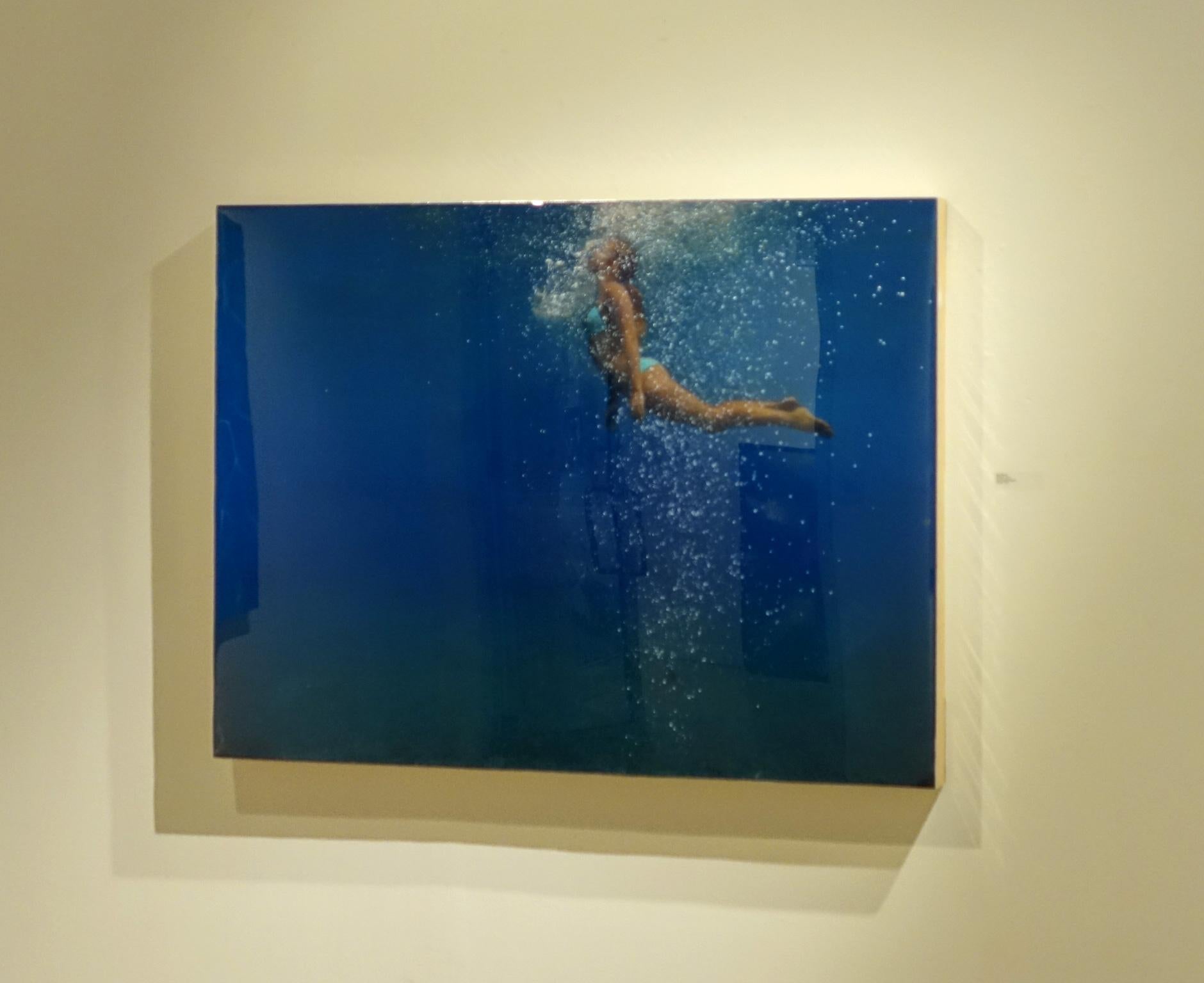 ANGEL, mint colored bikini, murky water, blue and green, women underwater - Painting by Eric Zener