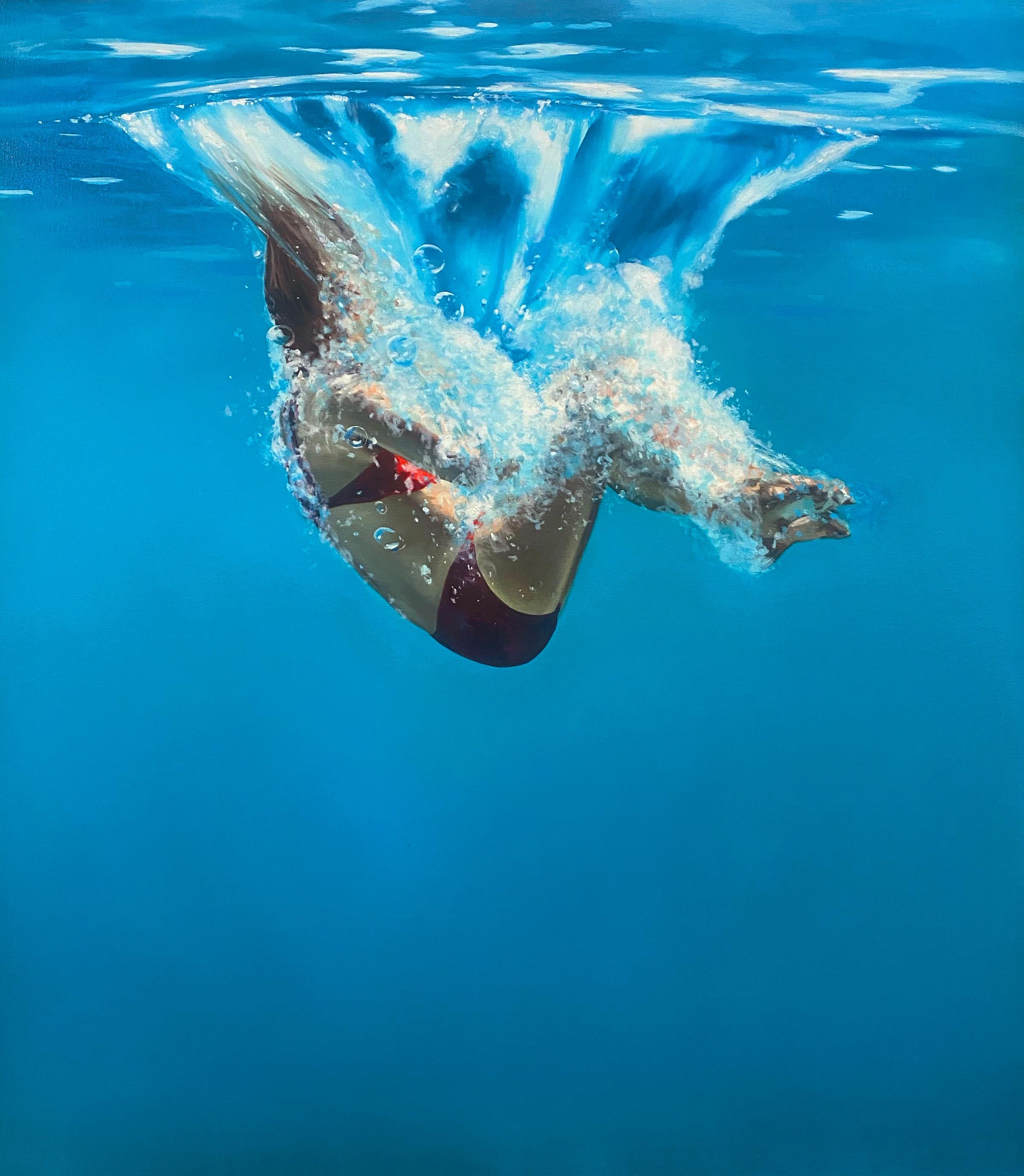 Eric Zener Figurative Painting - ENVELOP - Contemporary Figurative Realism / Swimmer / Diver / Water
