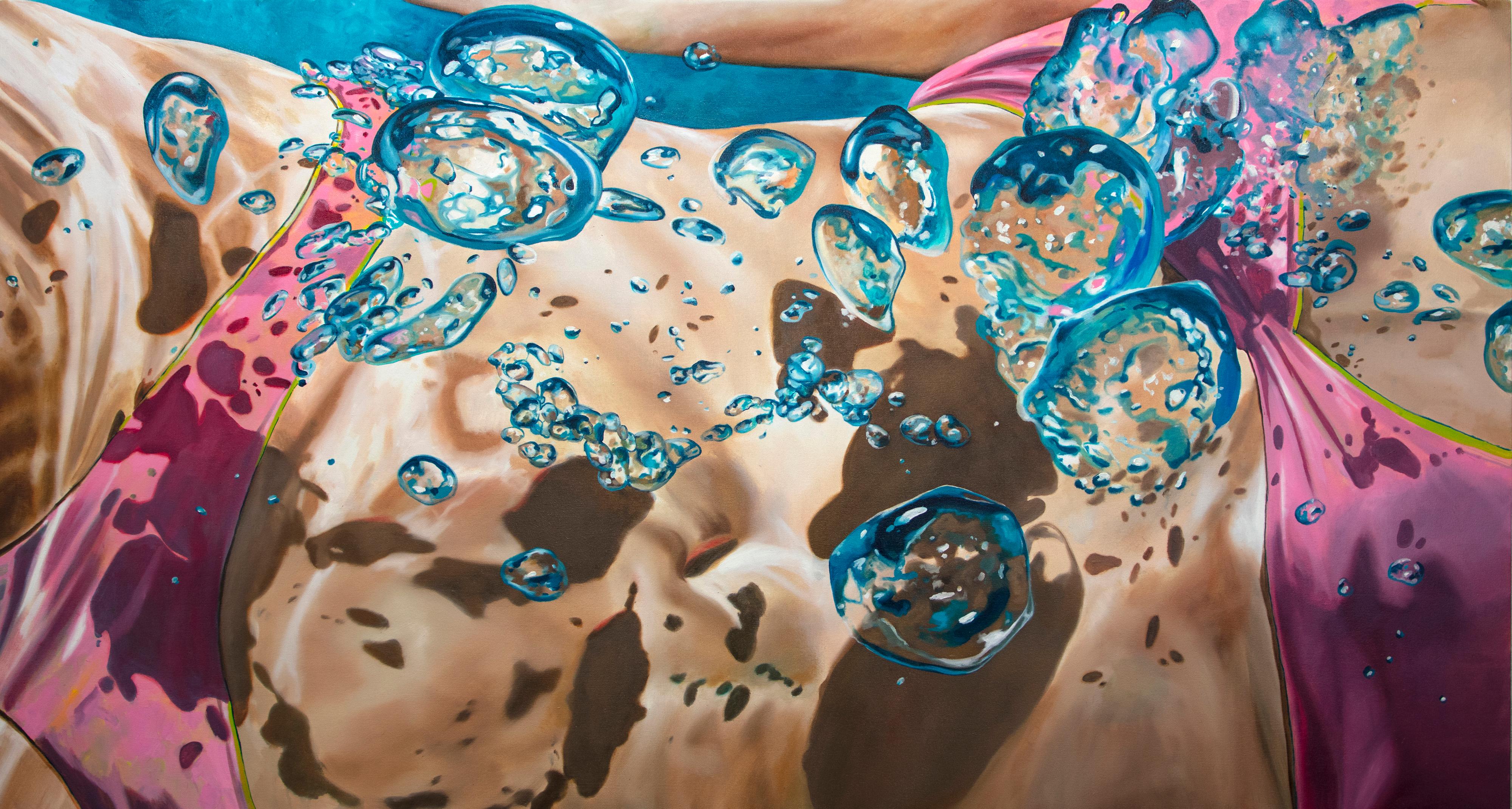 Eric Zener Figurative Painting - EPHEMERA II, Swimmer, Bubbles, Blue, Ocean, Bathing Suit, Swimming, Photorealism