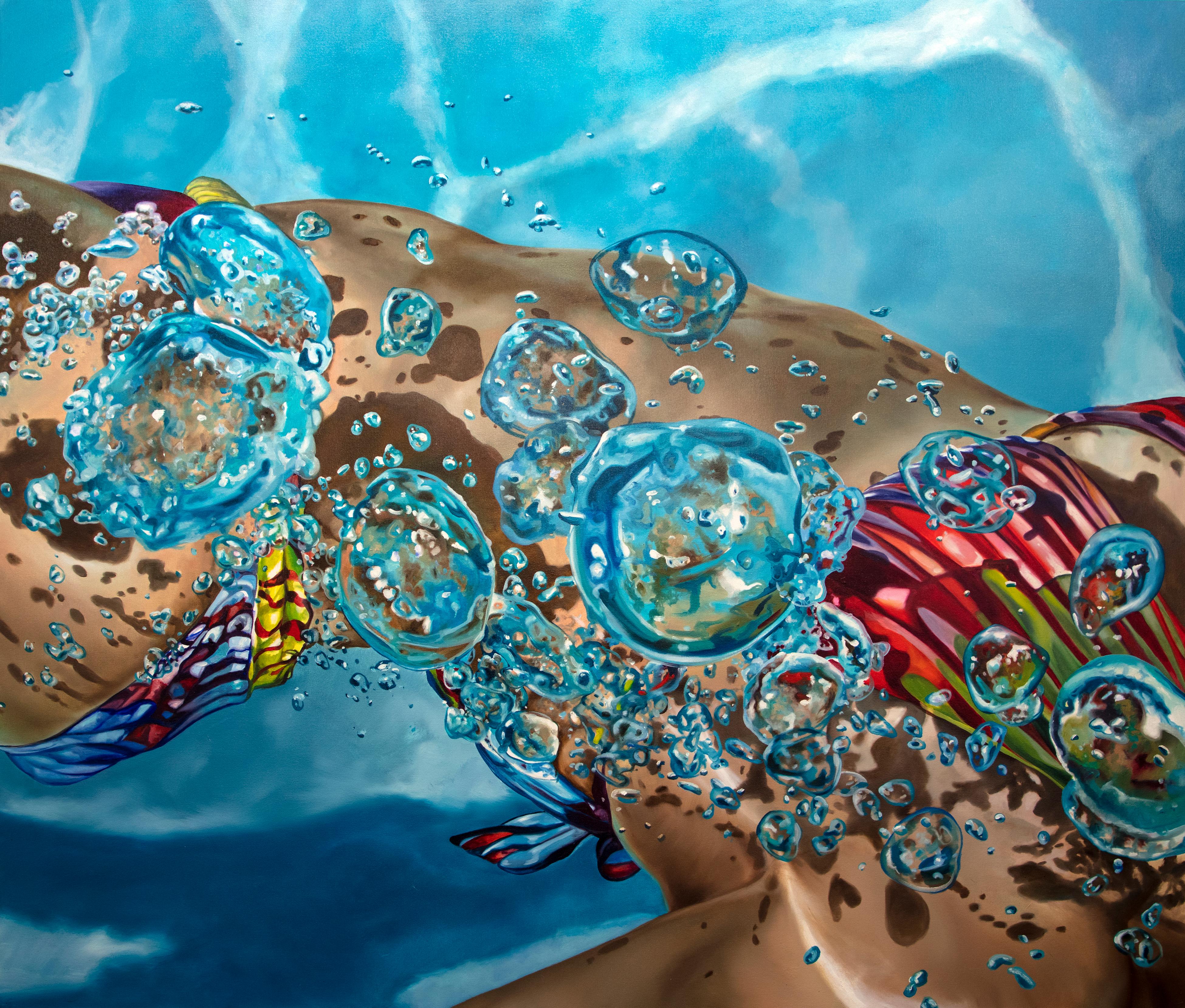 Eric Zener Figurative Painting - EPHEMERA I, Swimmer, Blue Water, Pool, Bubbles, Female Form