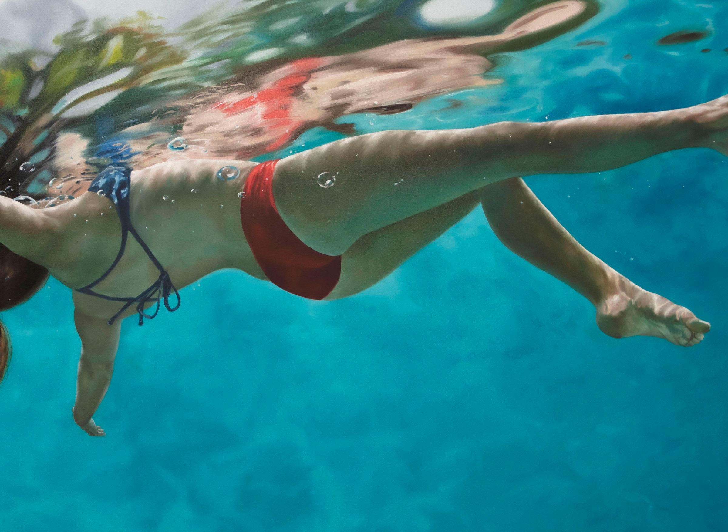 ETHEREAL - Acqua blu / Nuotatrice / Galleggiante libera / Fotorealismo - Figurative Painting Blu di Eric Zener