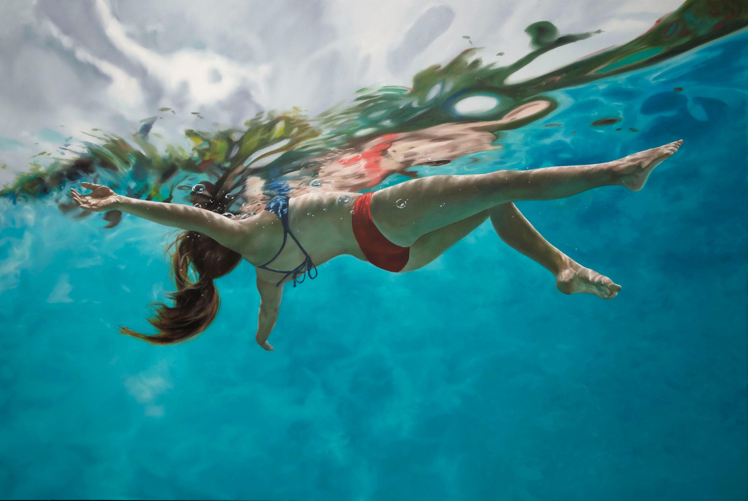Eric Zener Figurative Painting - ETHEREAL- Blue Water / Female Swimmer / Floating Free / Photorealism