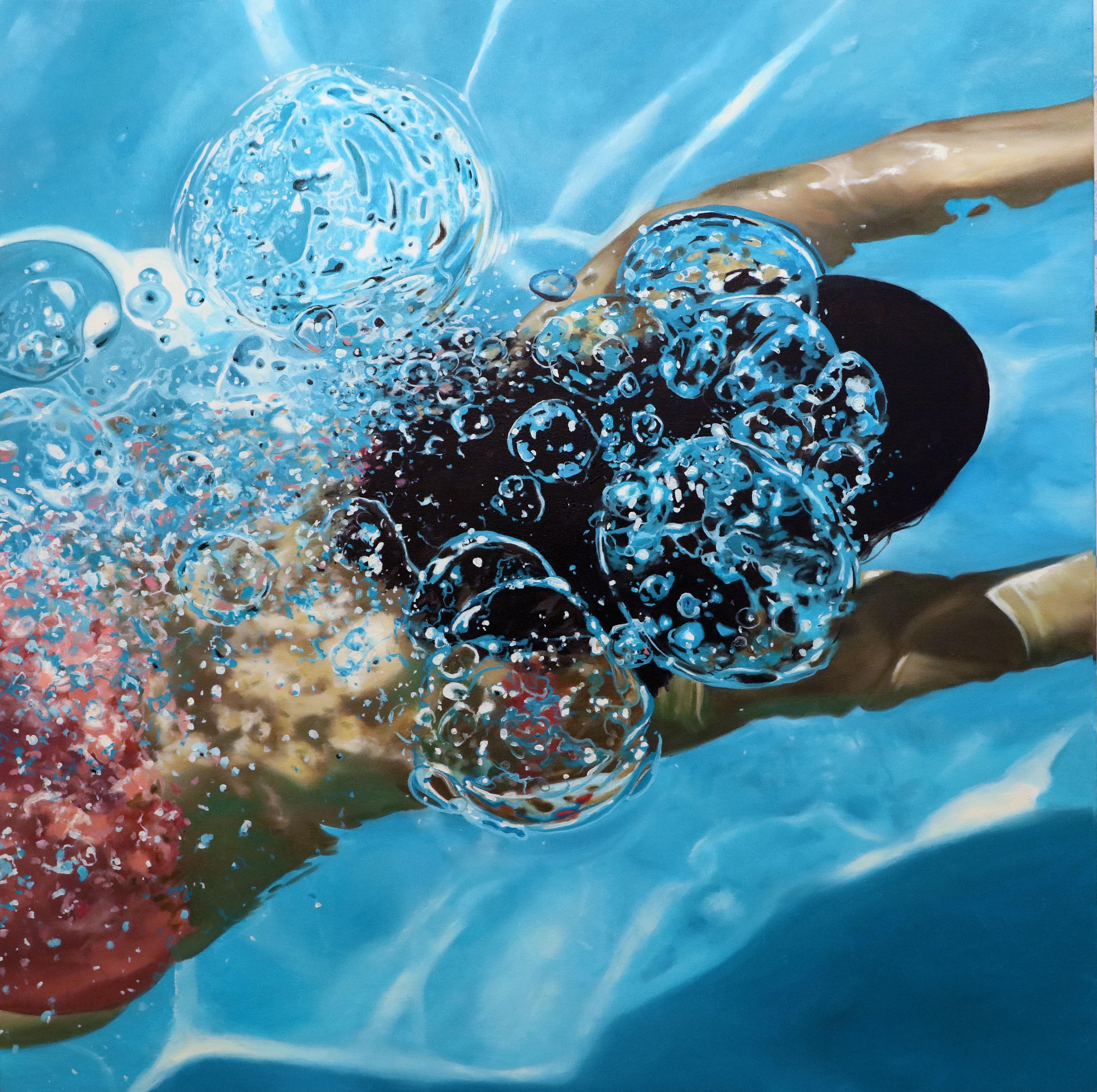 Figurative Painting de Eric Zener - EXHALE - Arte Figurativo / Nadador en el Agua / Fotorrealismo / Casa en la Playa