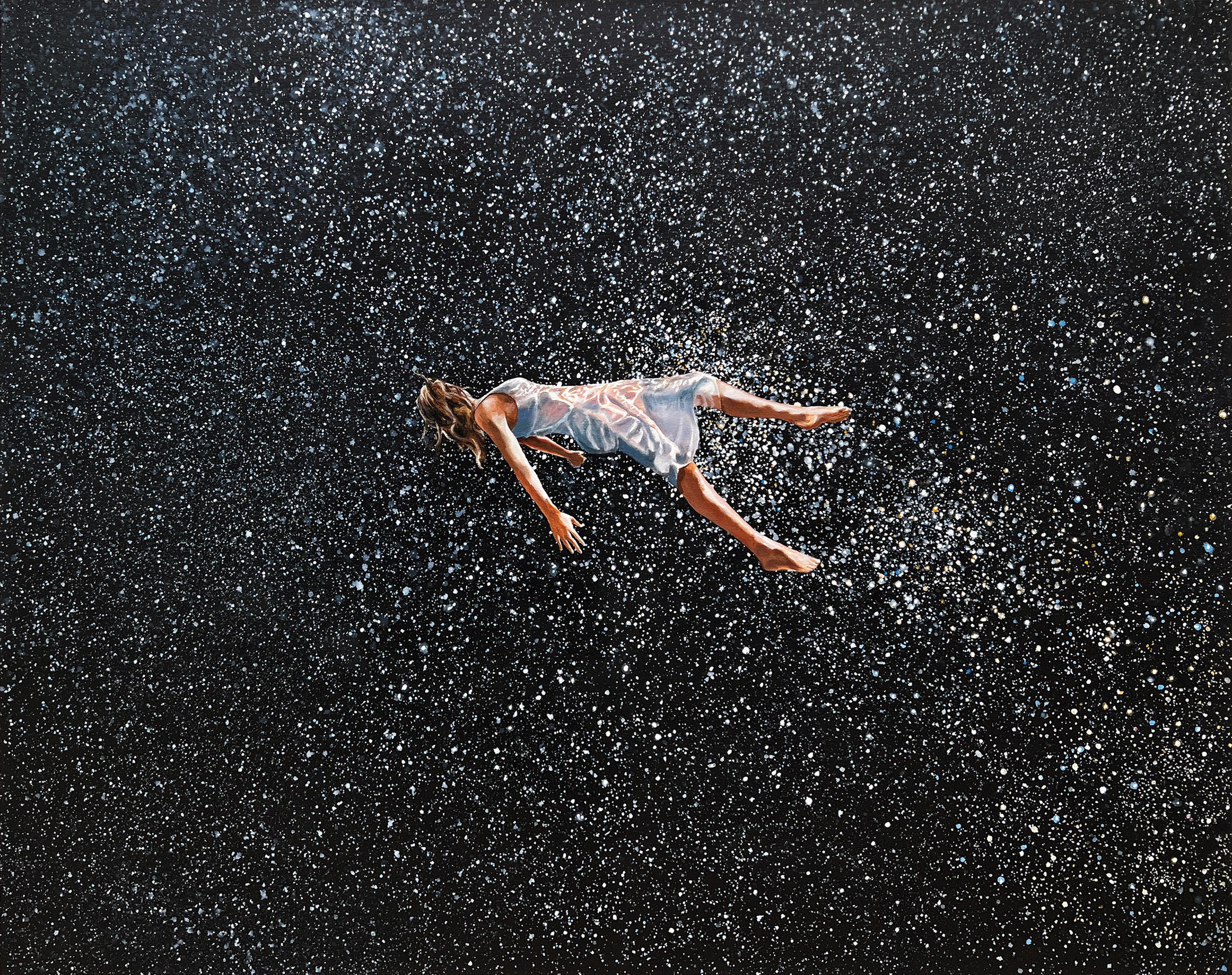 Eric Zener Figurative Painting - FLOATING BY - Contemporary Realism / Female Figurative / Dreamscape / Space