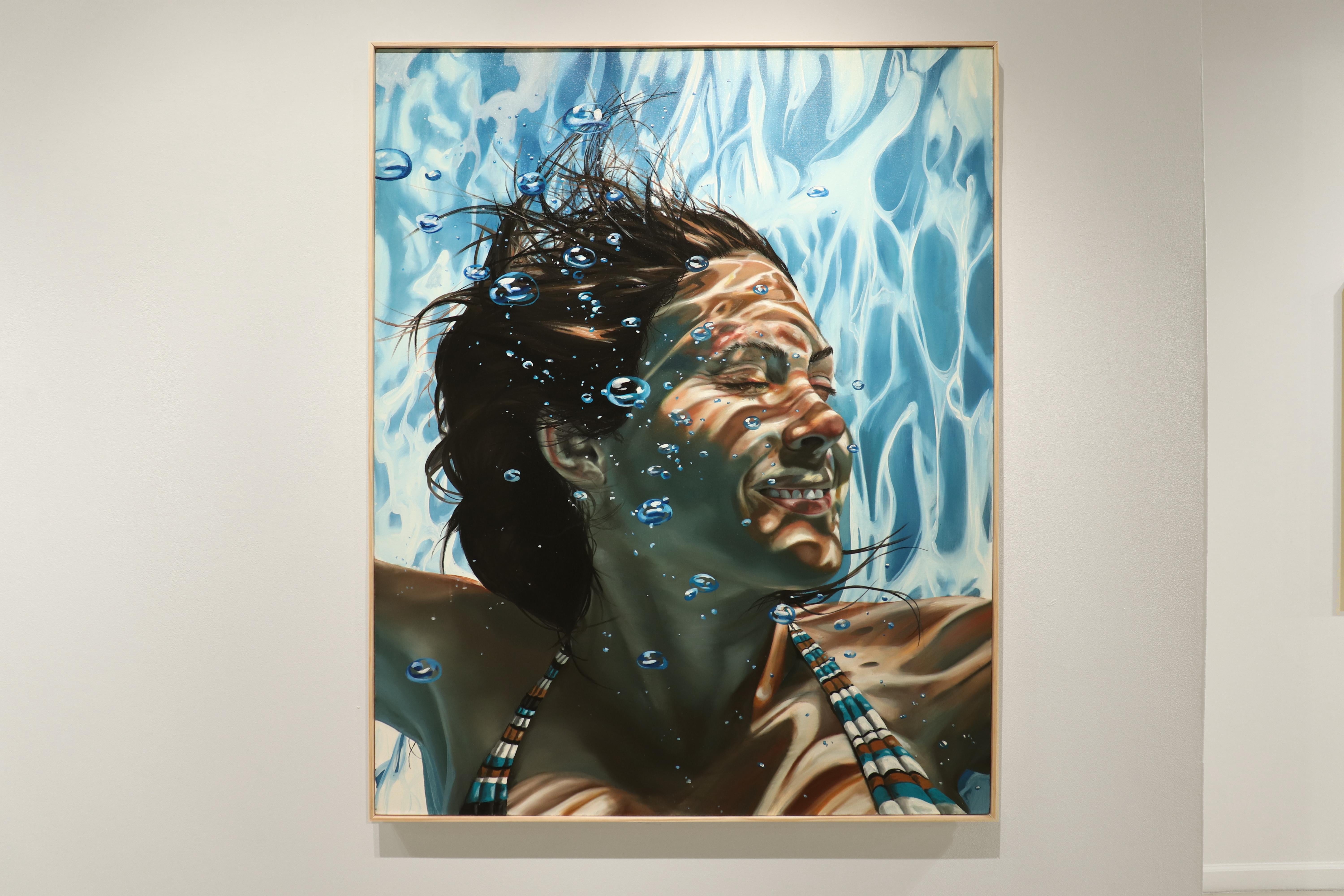 HOW TO BE HAPPY - Underwater Photorealism / Female Swimmer / Large Portrait - Painting by Eric Zener