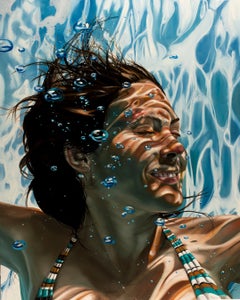 HOW TO BE HAPPY, portrait, photorealism, underwater, woman smiling, blue