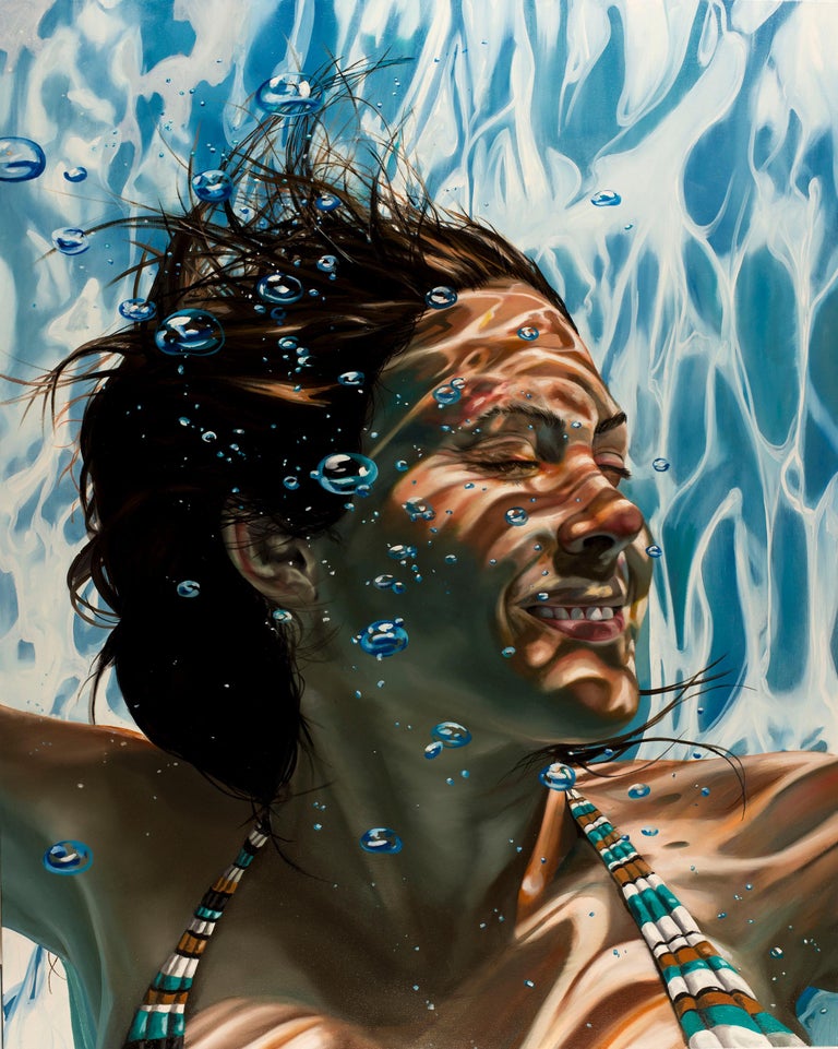 Eric Zener HOW TO BE HAPPY, Porträt, Fotorealismus, Unterwasser, lächelnde Frau, blau im
