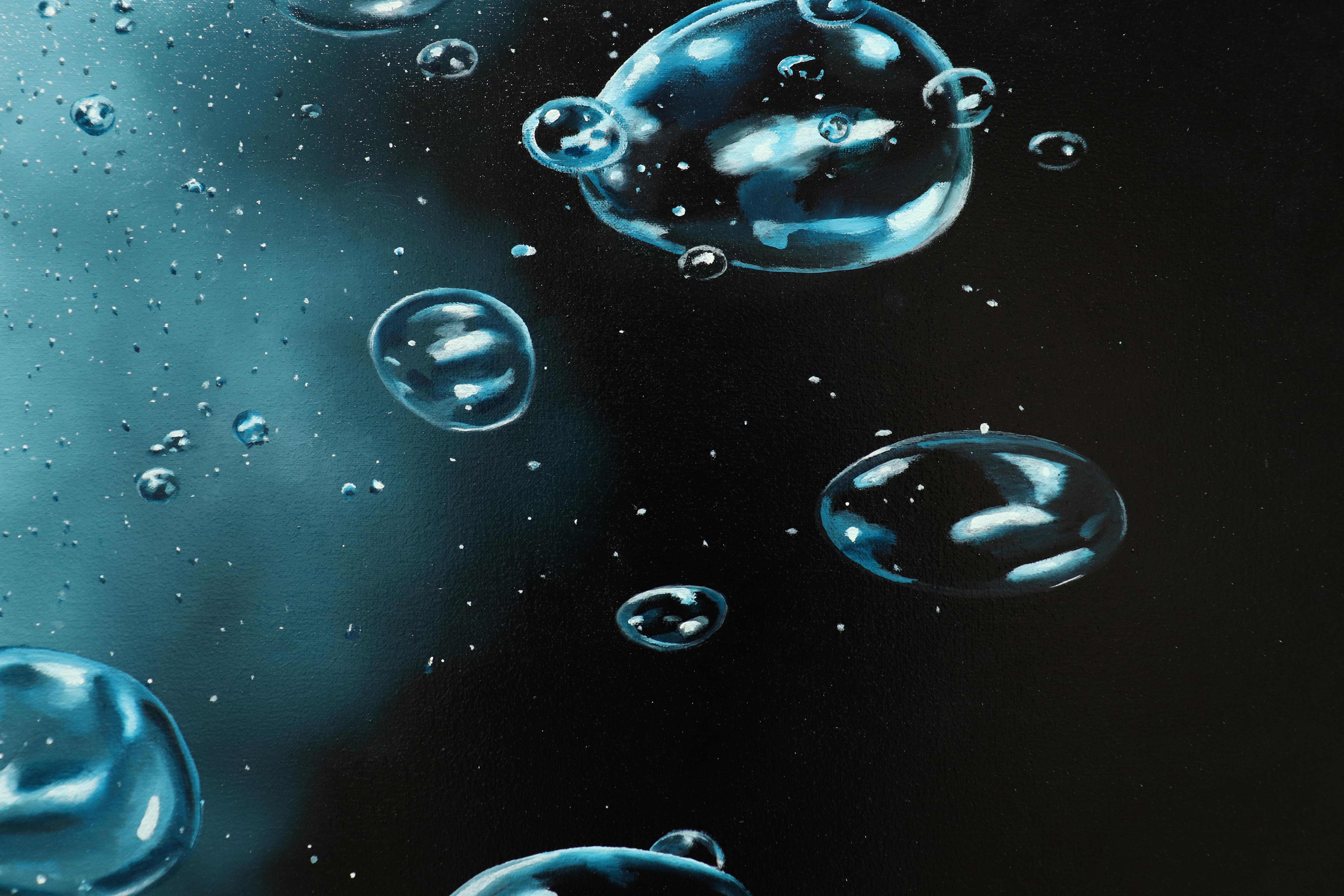 NIGHT RISE - Black and Blue / Bubbles Rising in Water / Deep Ocean - Contemporary Painting by Eric Zener