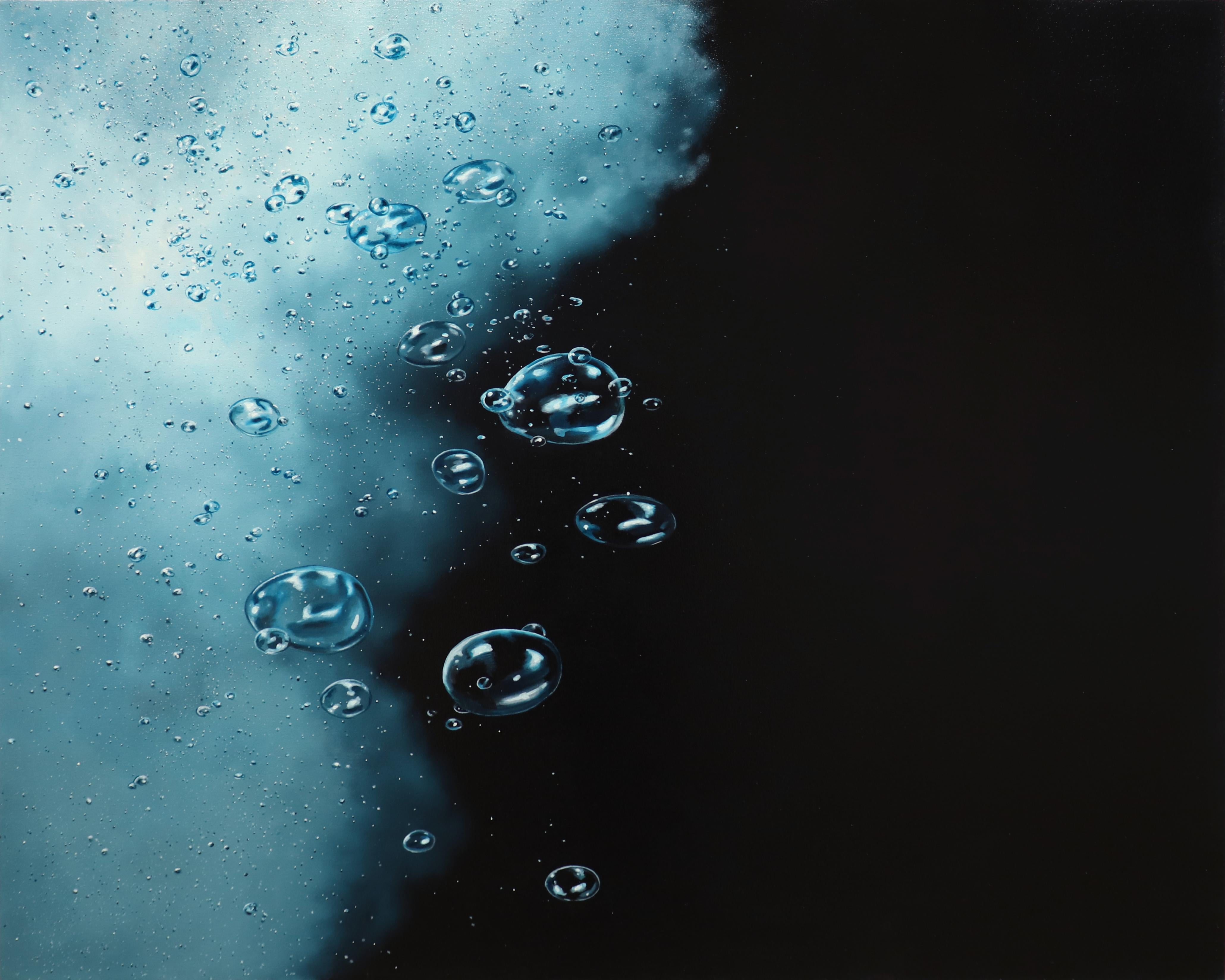 NIGHT RISE - Black and Blue / Bubbles Rising in Water / Deep Ocean - Painting by Eric Zener