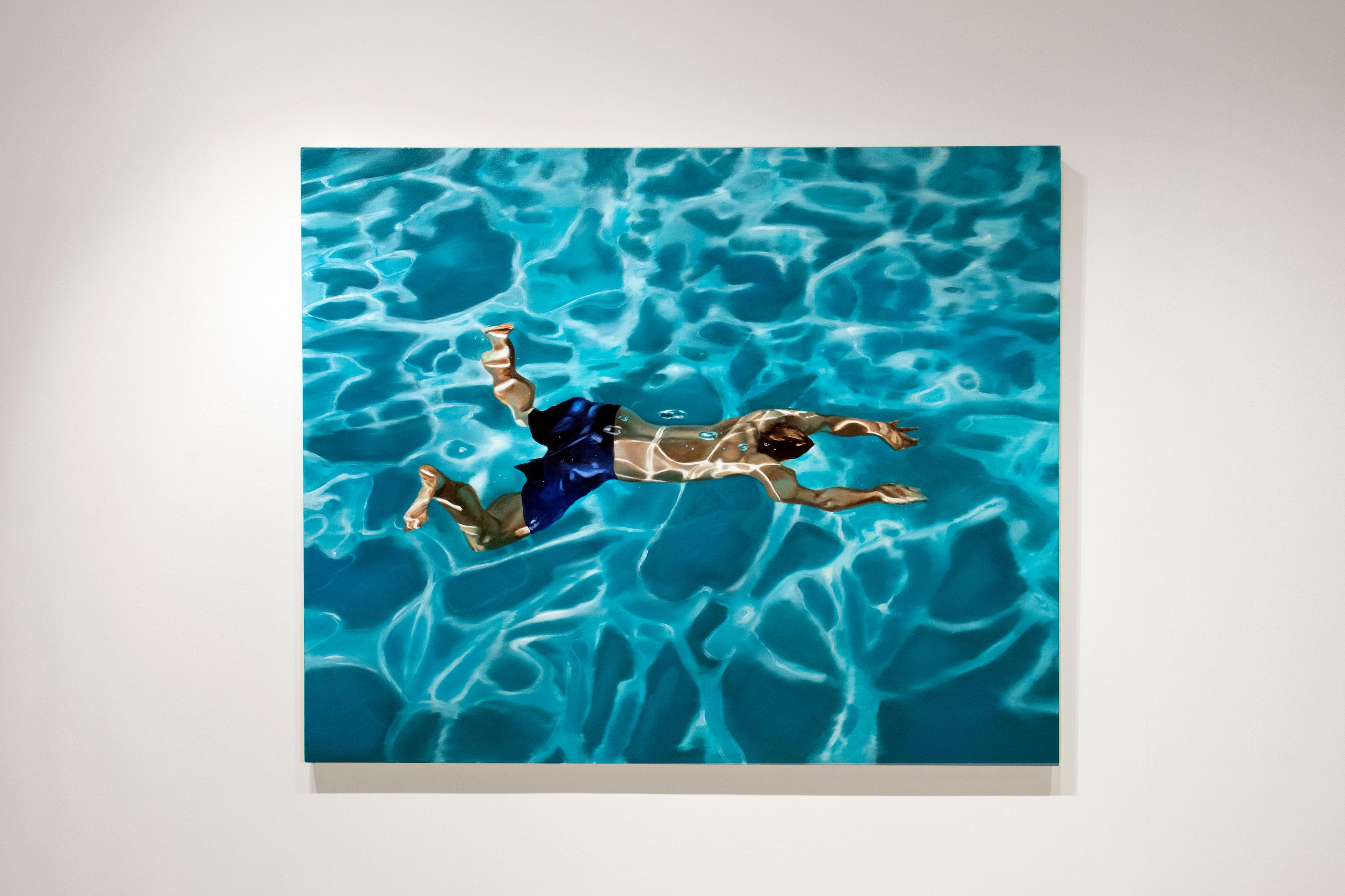 QUARANTINE IN BLUE, man underwater, swimming, pool, blue, photo-realism - Painting by Eric Zener